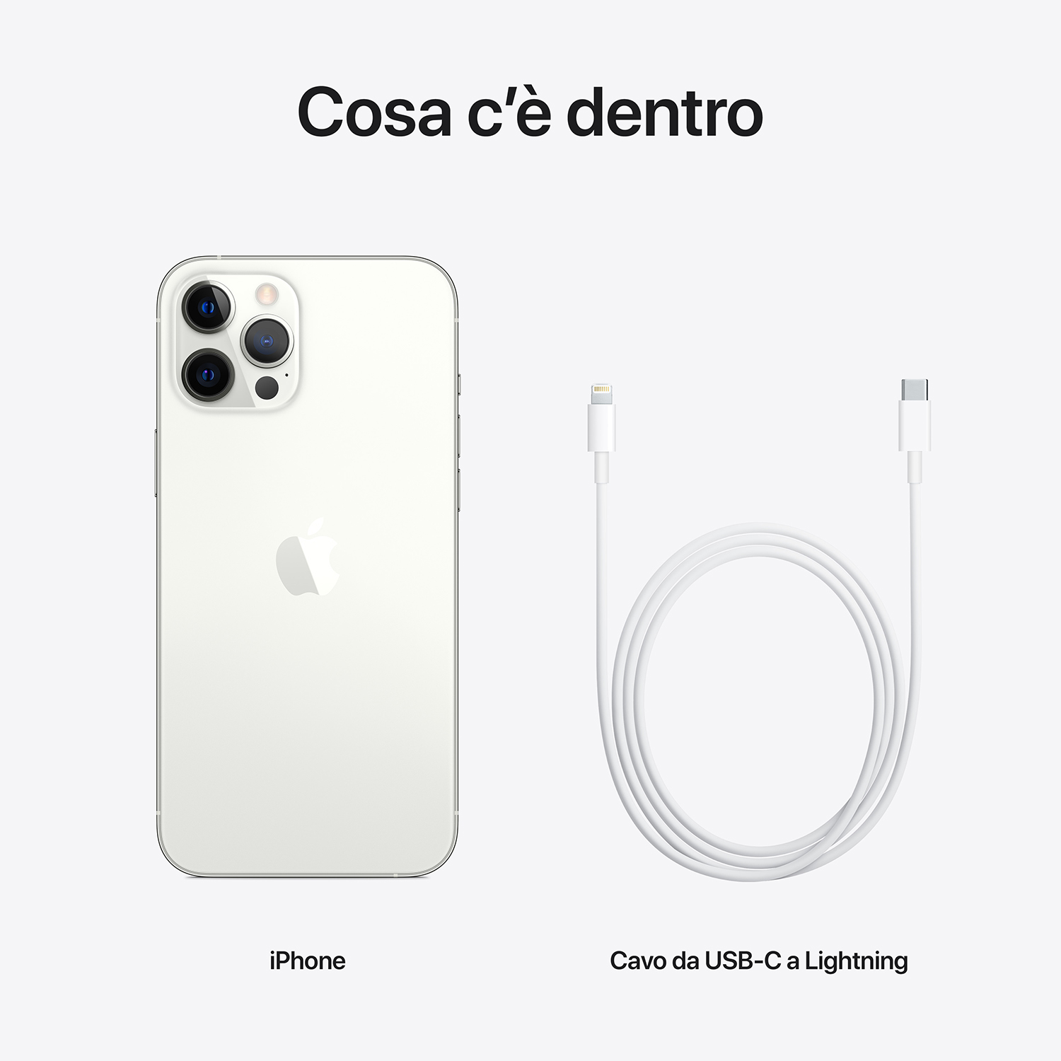 L'immagine mostra un iPhone e un cavo bianco da USB-C a Lightning. Il telefono è bianco con il logo Apple e più fotocamere posteriori.
