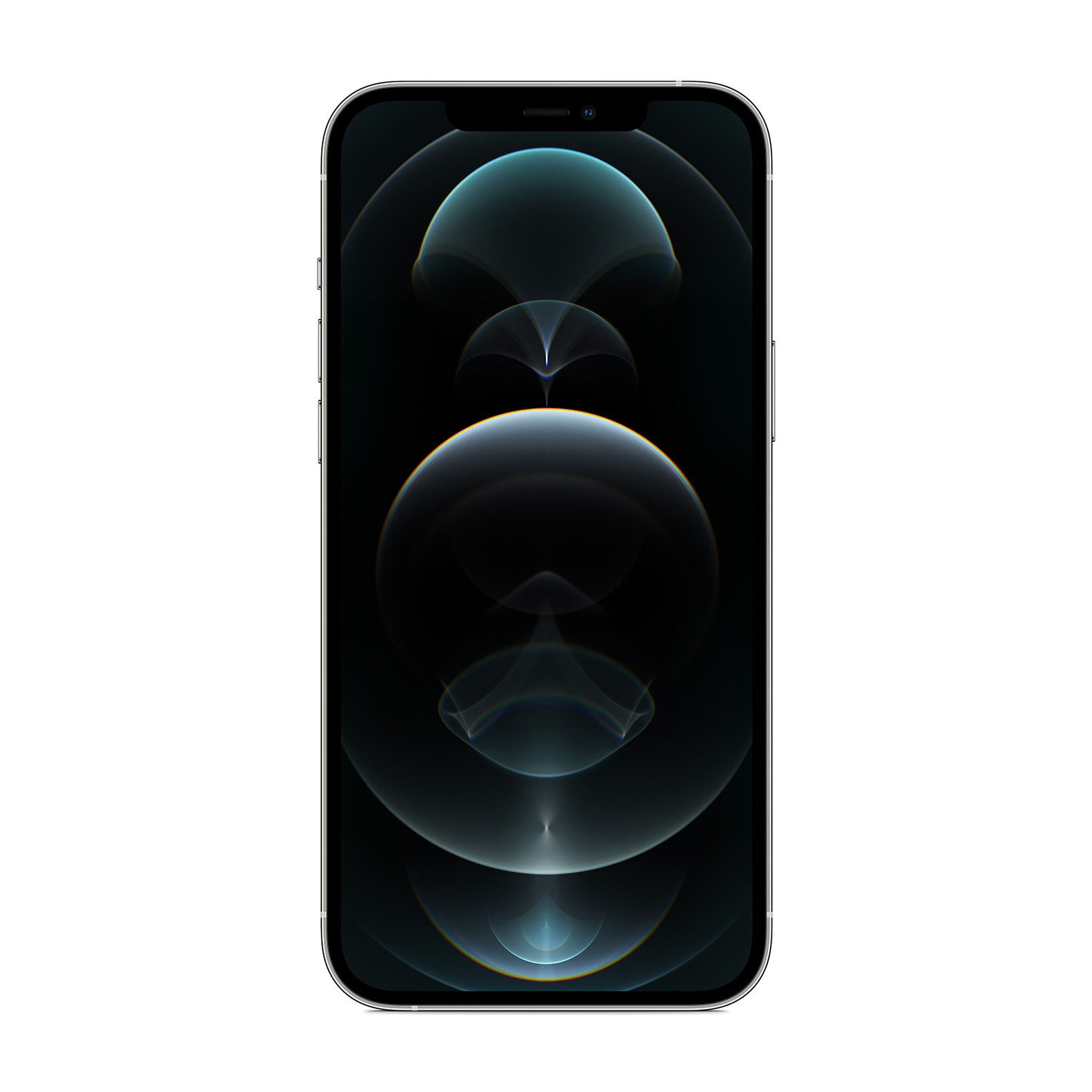 Uno smartphone con schermo nero che mostra uno sfondo scuro con riflessi di luce. Il telefono ha una cornice argentata ed è isolato su bianco.