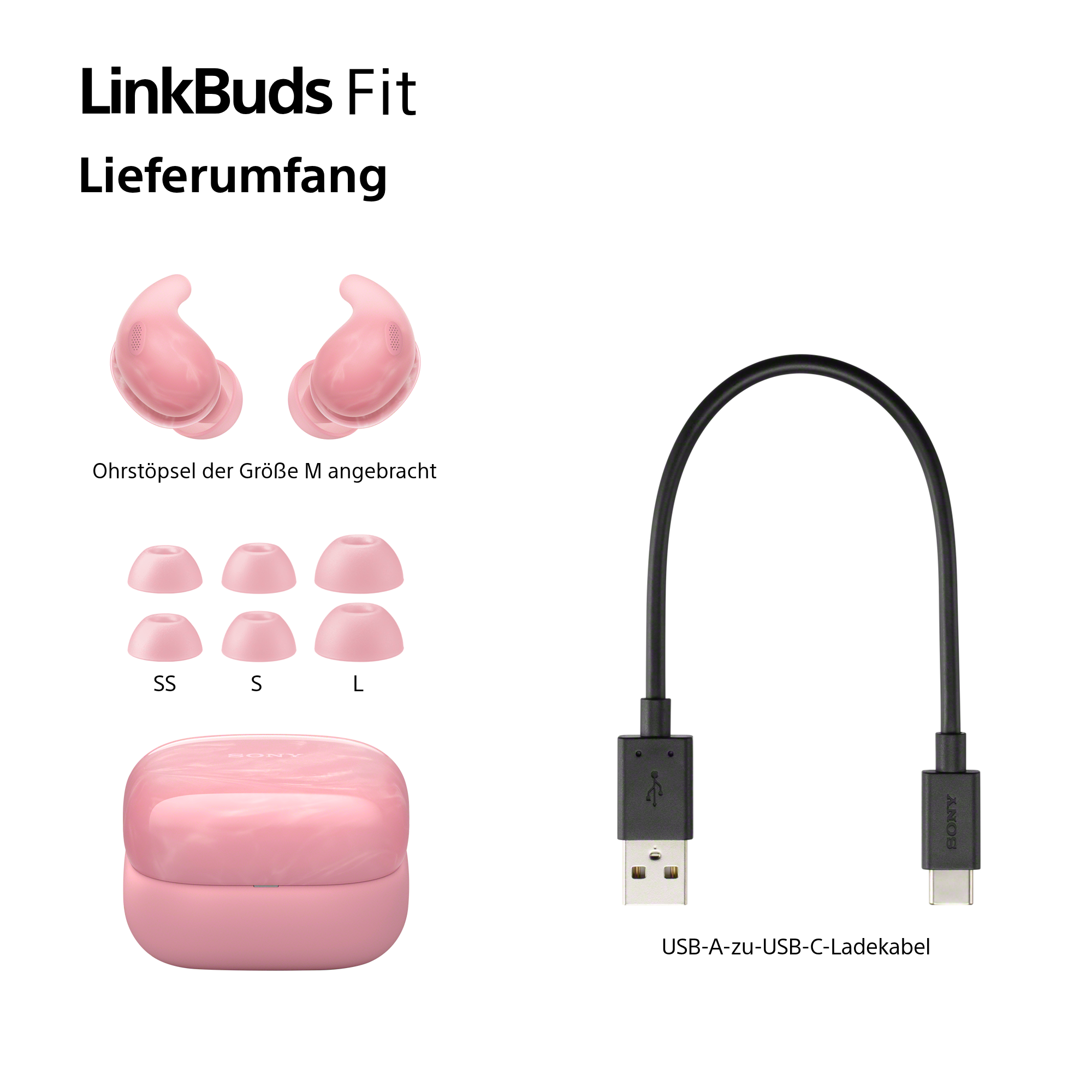 Das Bild zeigt rosa Ohrhörer, Ohrstöpsel (SS, S, L), ein Ladecase und ein USB-A-zu-USB-C-Kabel. Text: LinkBuds Fit, Lieferumfang.