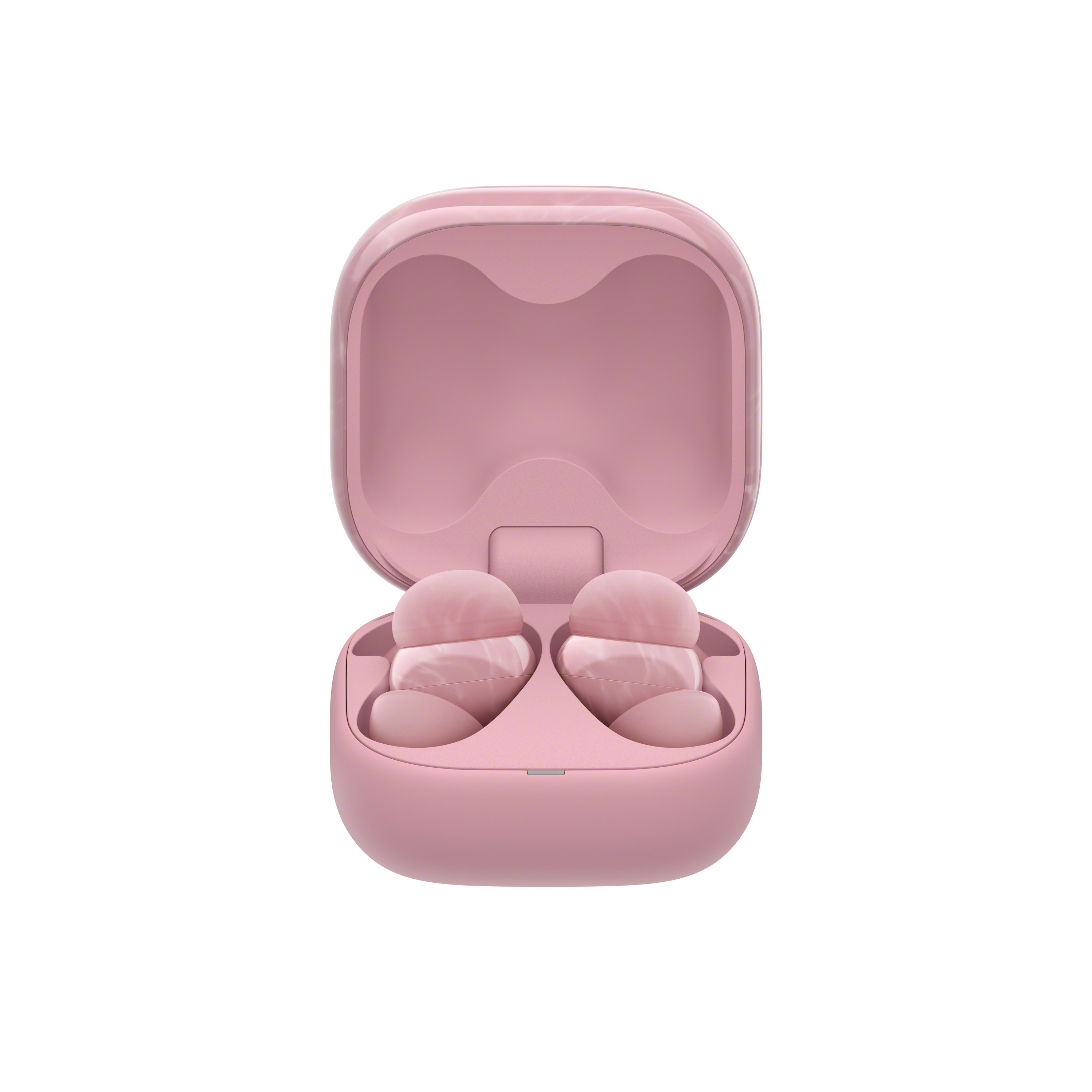 Rosa Ohrhörer in einem offenen rosa Etui. Weißer Hintergrund. Ohrhörer befinden sich im Etui.