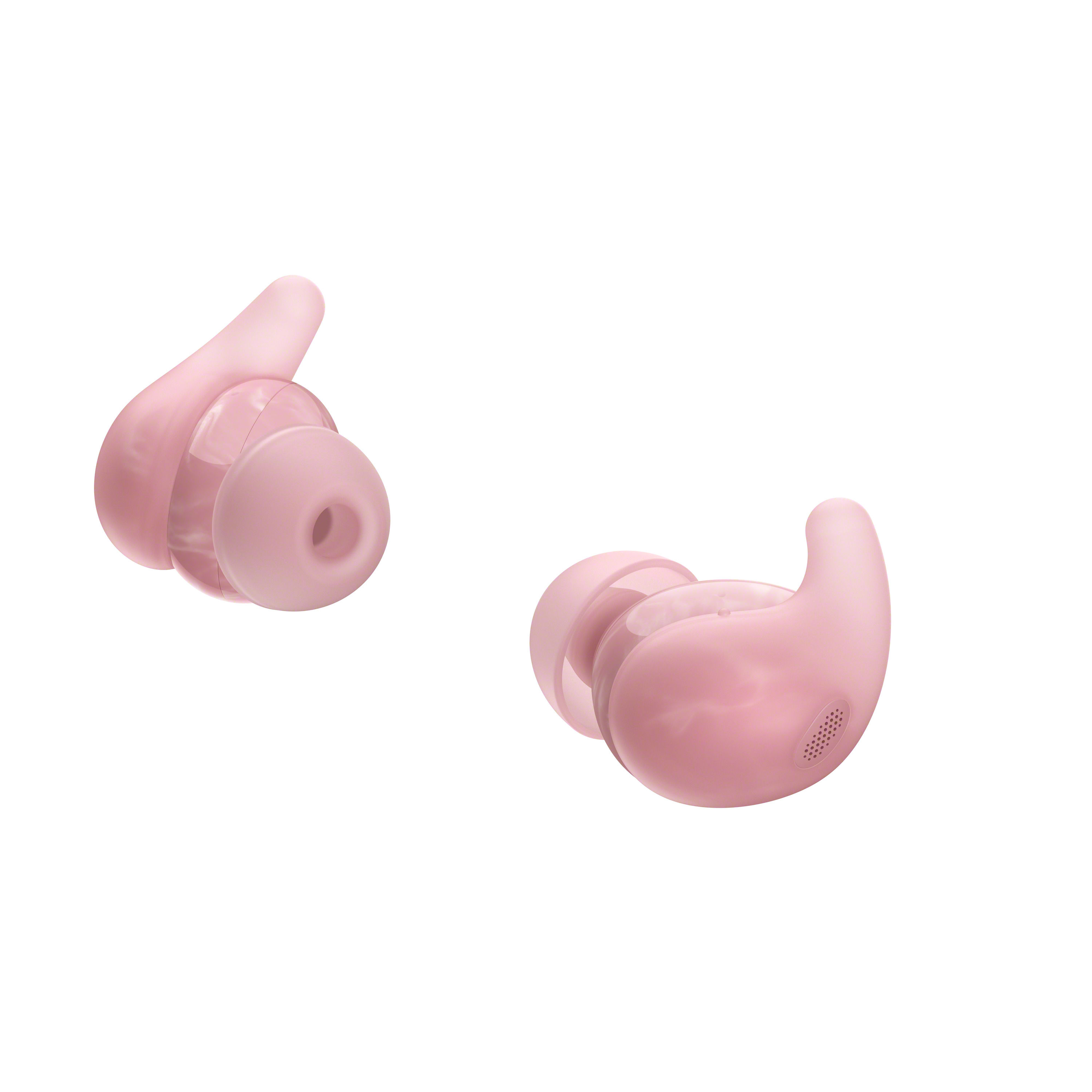 Zwei pinke kabellose Ohrhörer auf weißem Hintergrund. Jeder hat einen Körper und einen Flügel für sicheren Sitz.