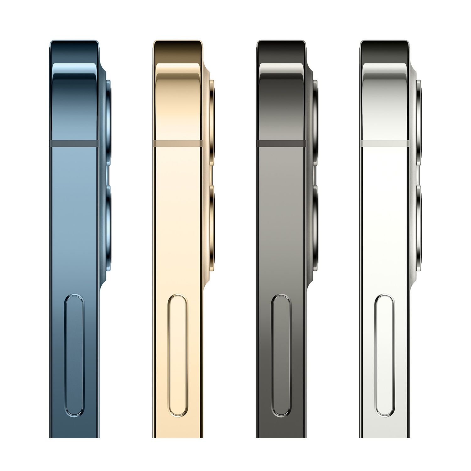 Quattro viste laterali di smartphone in diversi colori: blu, oro, grigio e argento. Ogni telefono ha un pulsante laterale e un rialzo fotocamera.