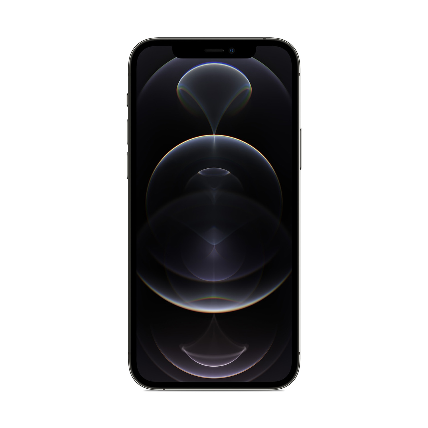 Un iPhone nero con uno sfondo astratto scuro. Il telefono è centrato su uno sfondo bianco.