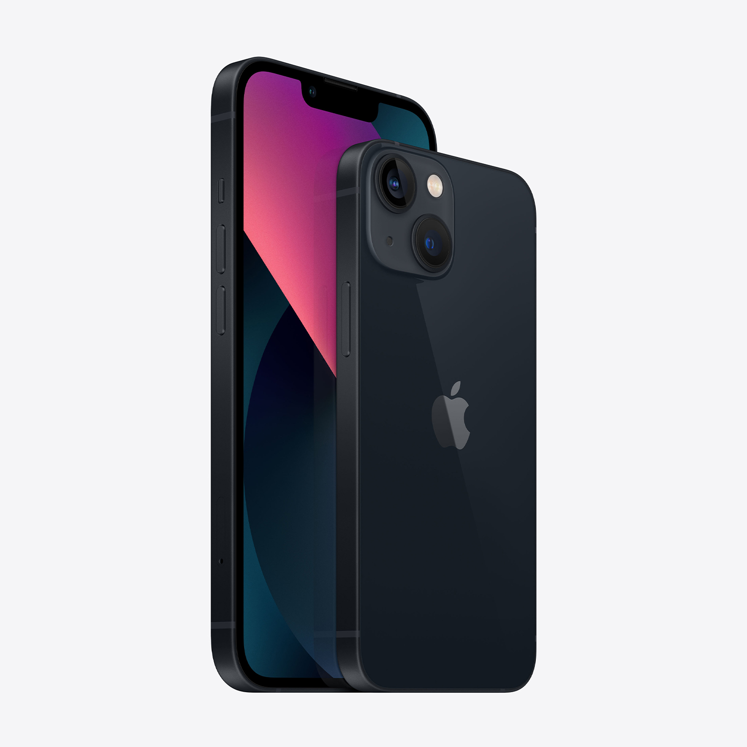 Due iPhone blu scuro. Uno mostra uno schermo con colori rosa e blu. L'altro telefono mostra il logo Apple.