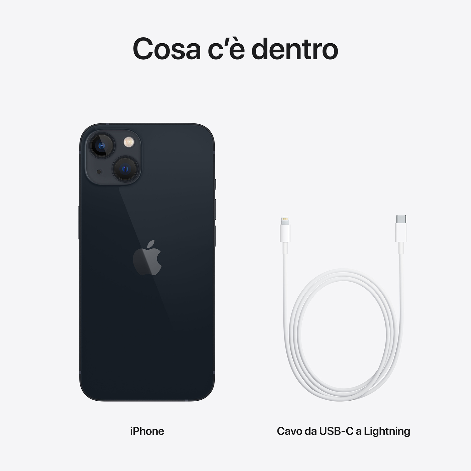 Un iPhone blu scuro e un cavo bianco USB-C a Lightning sono mostrati su sfondo bianco. Testo: 'Cosa c'è dentro'.