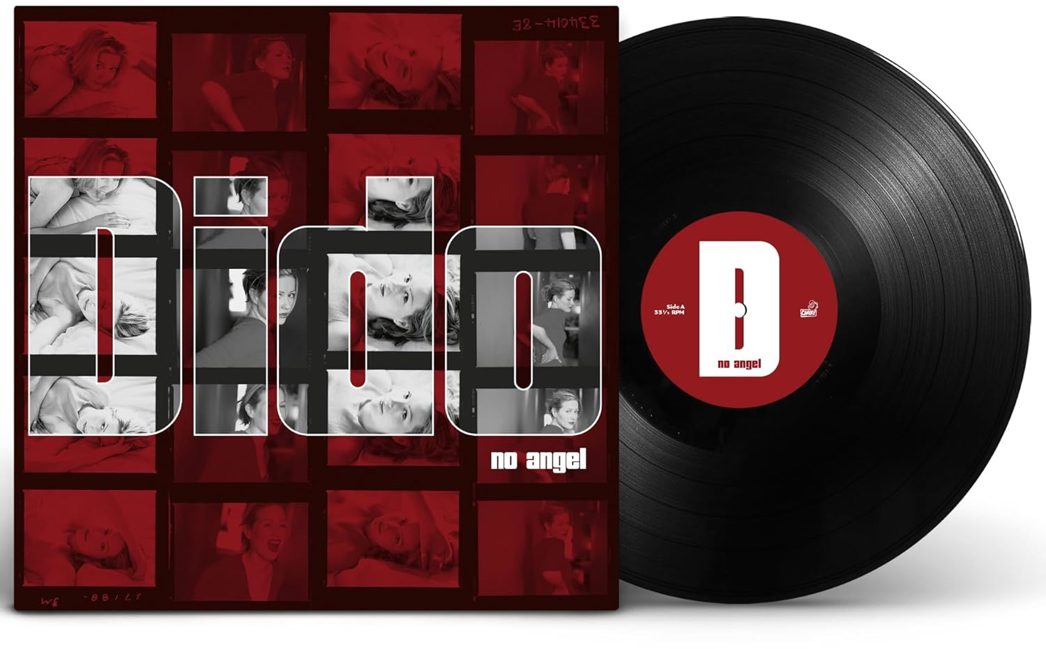 A 'Dido - No Angel' album borítója. Fekete bakelit lemez jobbra. Piros képek rácsa fehér Dido szöveggel.