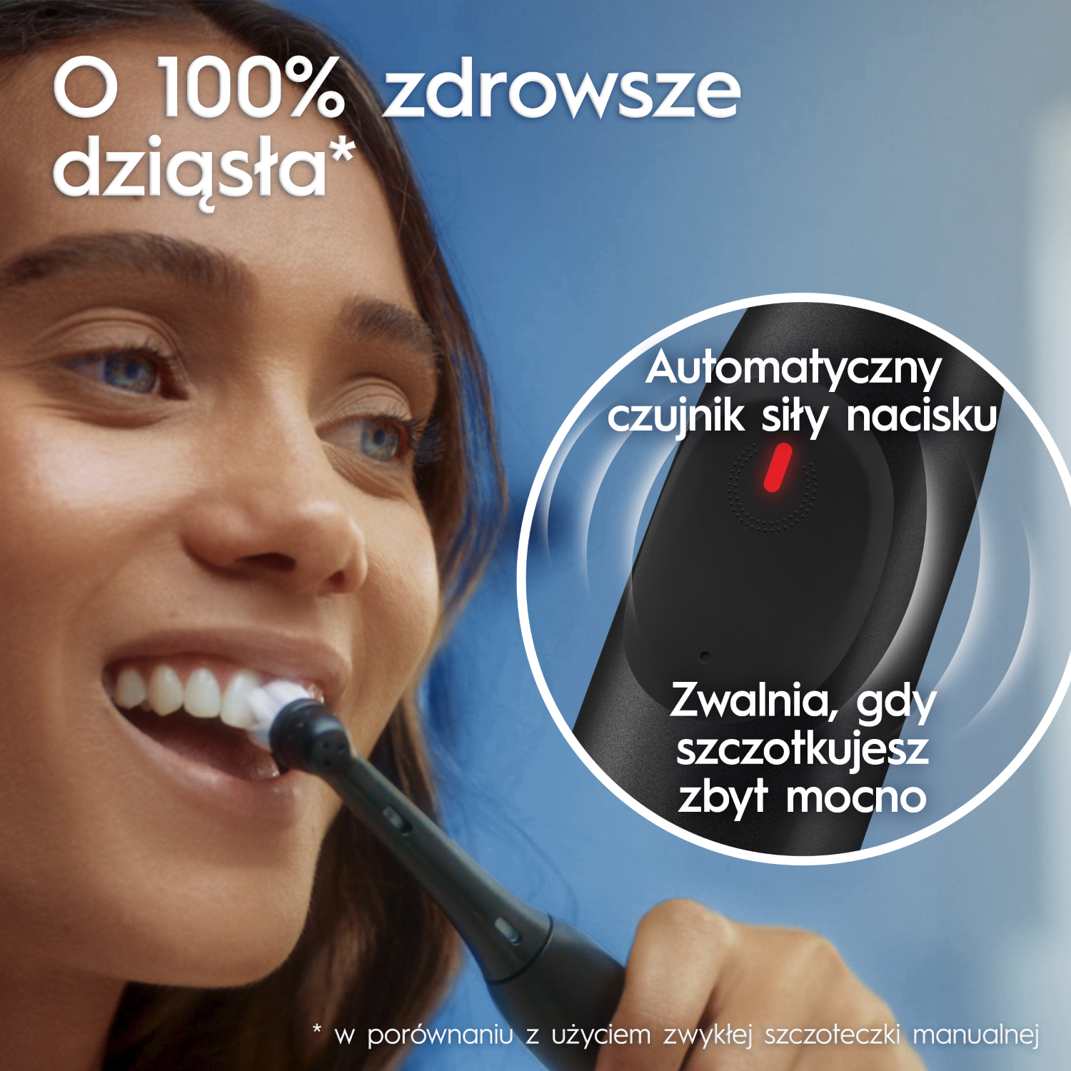 Kobieta używa czarnej szczoteczki. Tekst: 100% zdrowsze dziąsła, automatyczny czujnik nacisku, zwalnia przy mocnym szczotkowaniu.