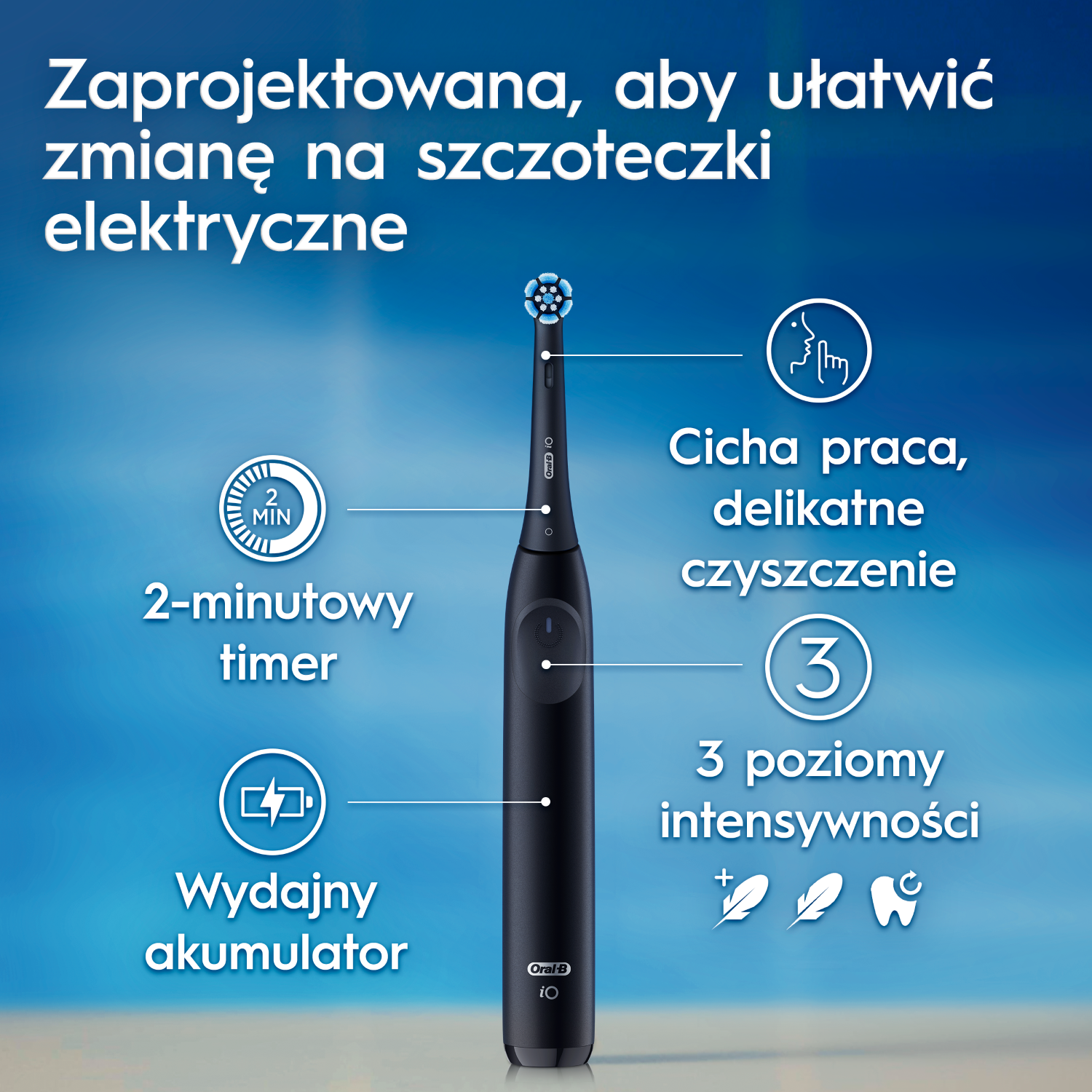 Czarna szczoteczka elektryczna z funkcjami: 2-minutowy timer, ciche czyszczenie, 3 poziomy intensywności i wydajny akumulator. Niebieskie tło.