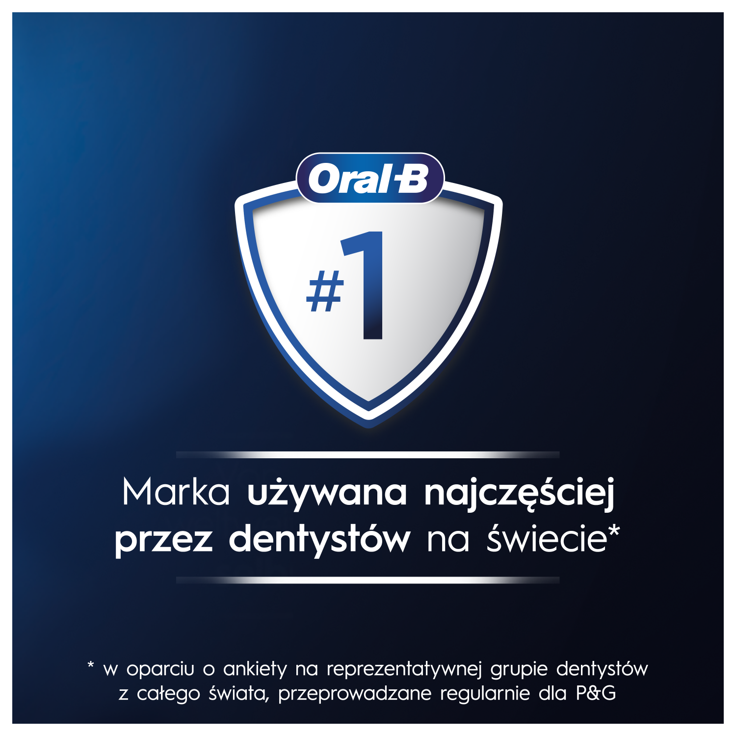 Logo Oral-B z tarczą, numerem 1 i tekstem 'Najczęściej używana przez dentystów na świecie'.