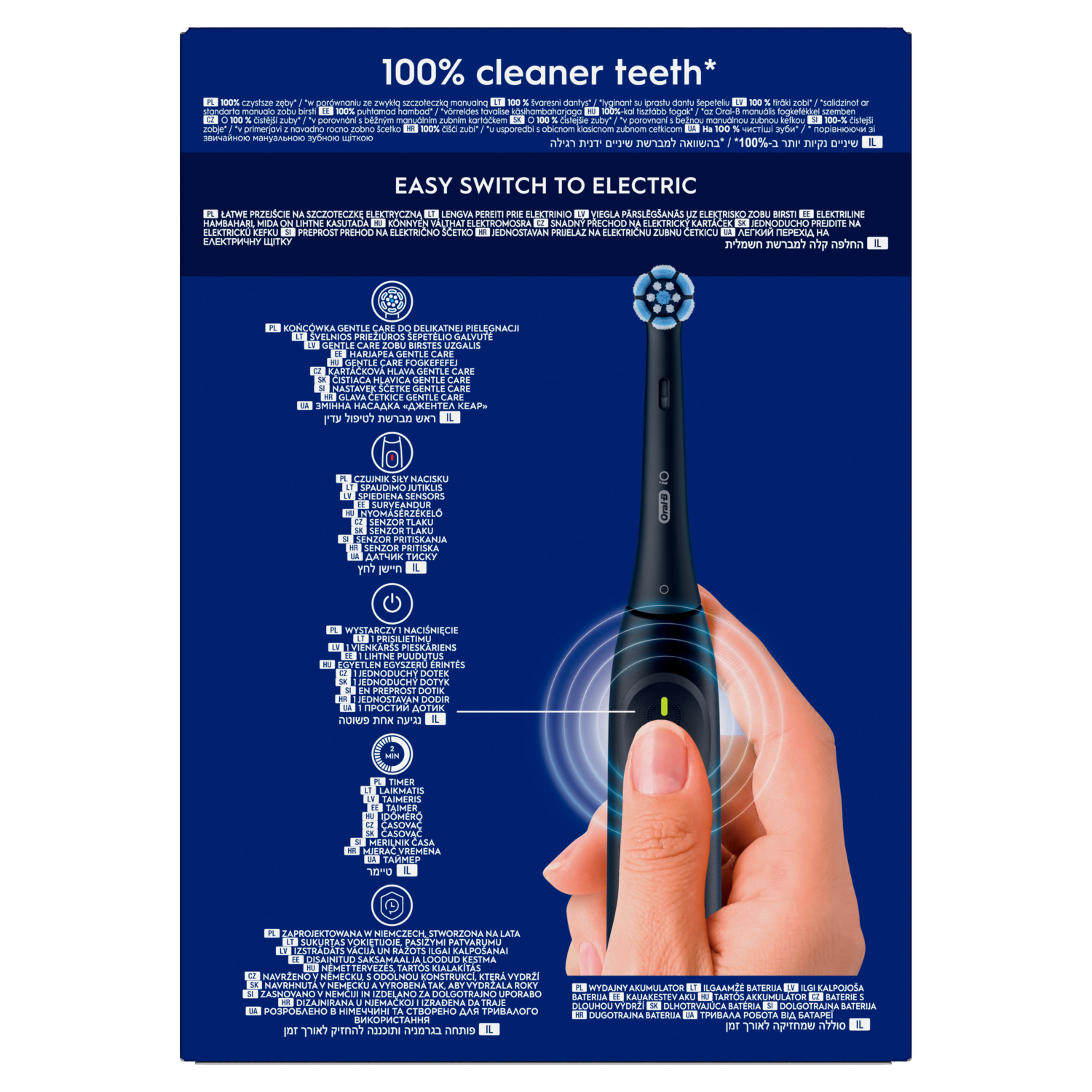 Czarna elektryczna szczoteczka z zielonym przyciskiem. Tekst u góry: '100% czystsze zęby'.