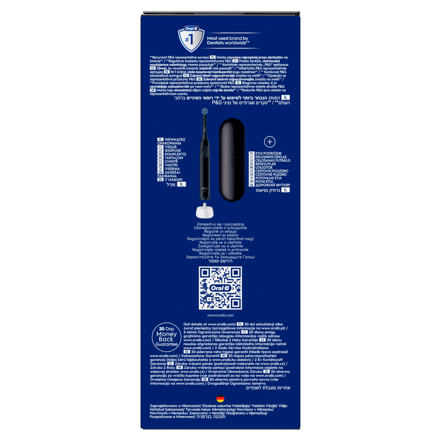 Pudełko ze szczoteczką Oral-B, informacjami o marce i gwarancji. Widoczny tekst i ikony.