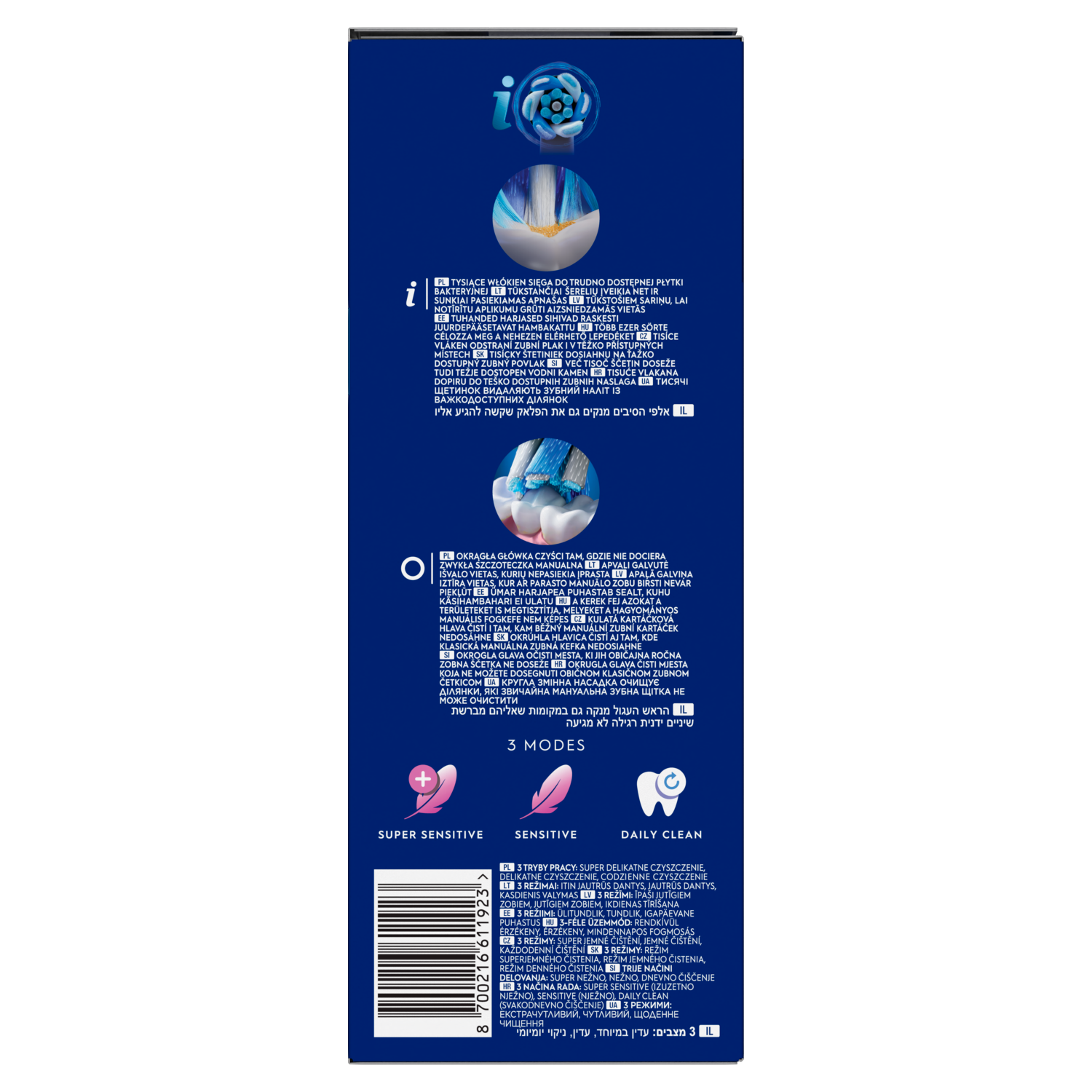 Główka szczoteczki z niebieskim i białym włosiem, tekst i ikony trybów czyszczenia.