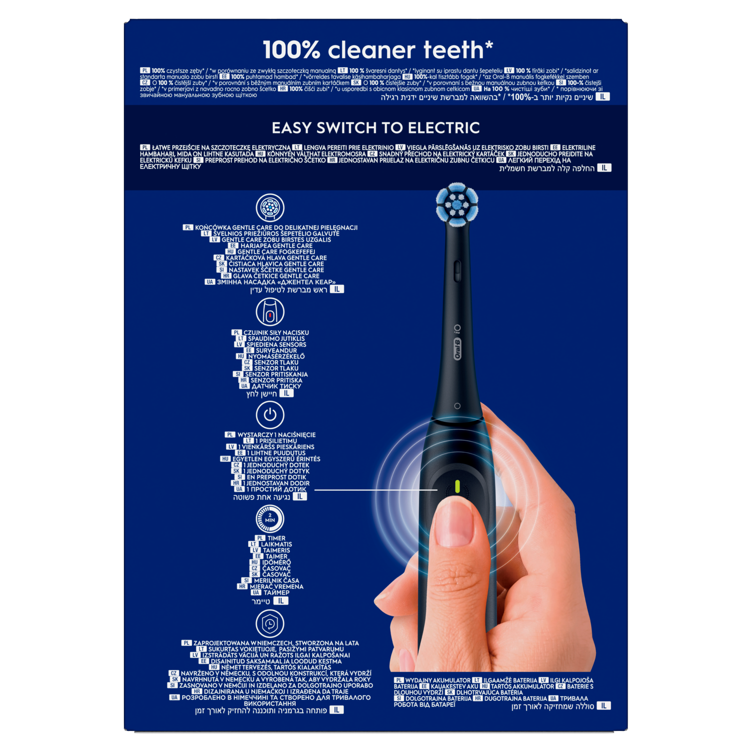 Czarna elektryczna szczoteczka do zębów z zielonym przyciskiem, trzymana w dłoni, na niebieskim tle.