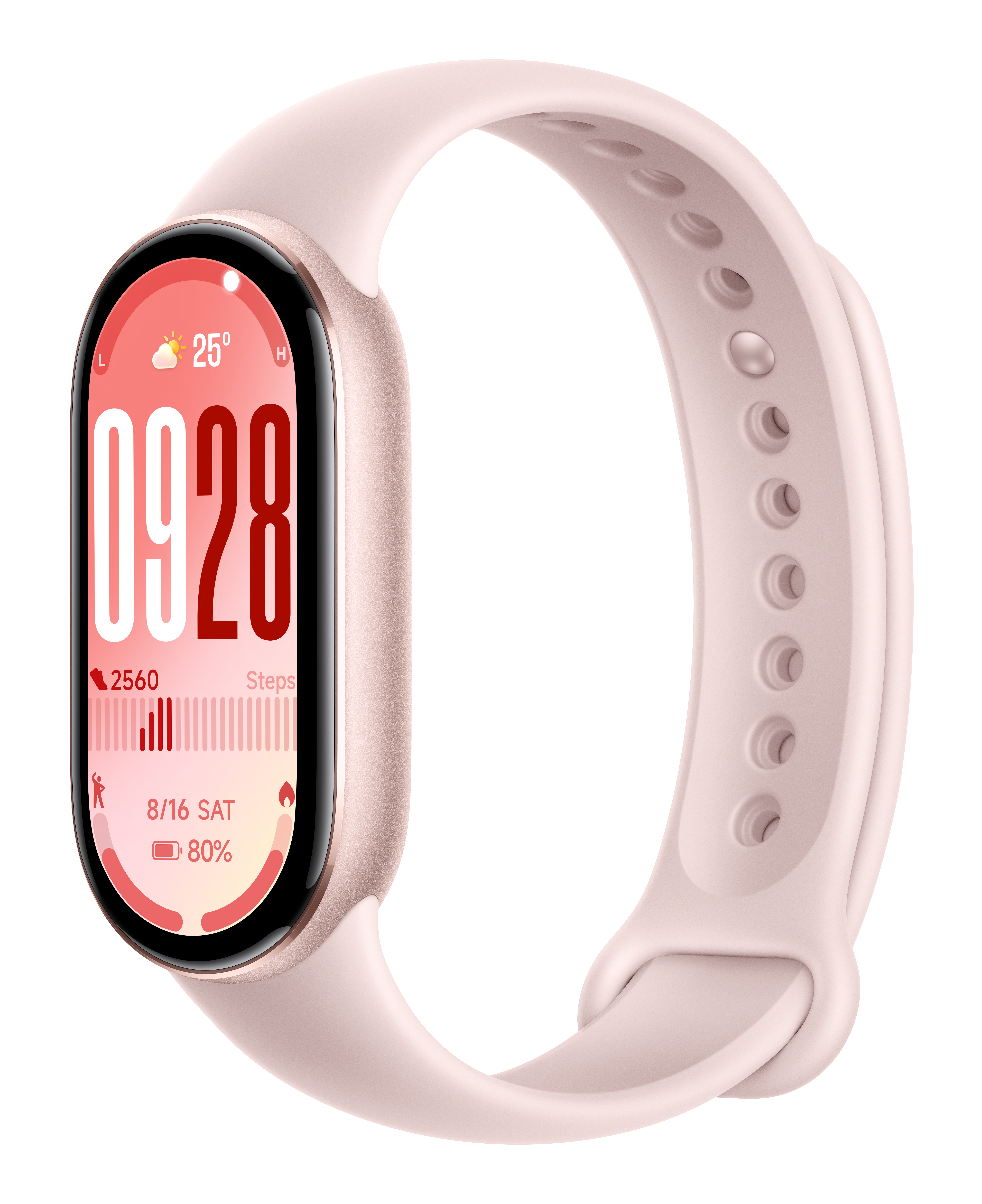 Różowy smartwatch z zakrzywionym ekranem, pokazujący godzinę, datę, kroki, baterię i temperaturę.