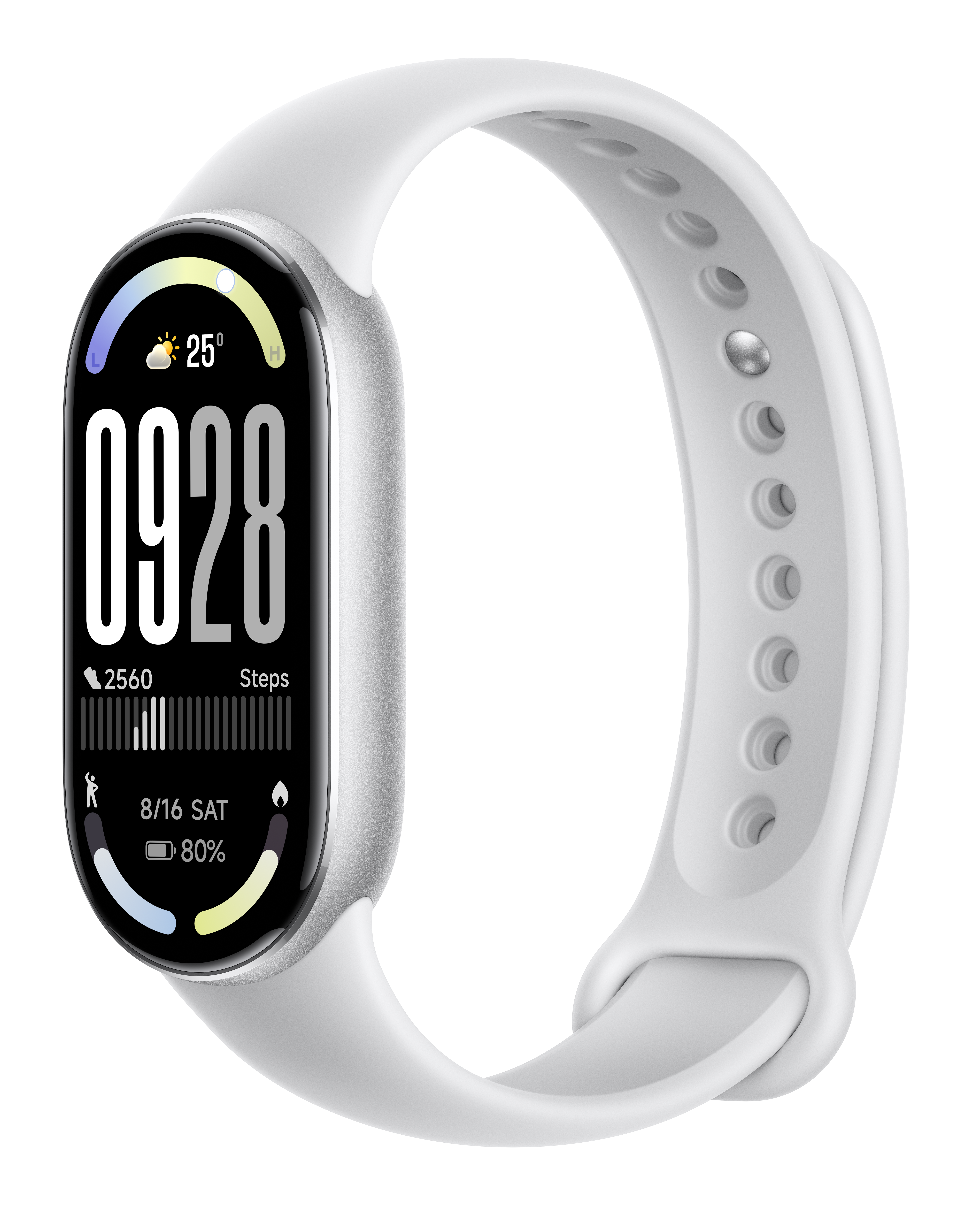 Biały smartwatch z czarnym wyświetlaczem, pokazujący godzinę, kroki i baterię. Pasek jest również biały.