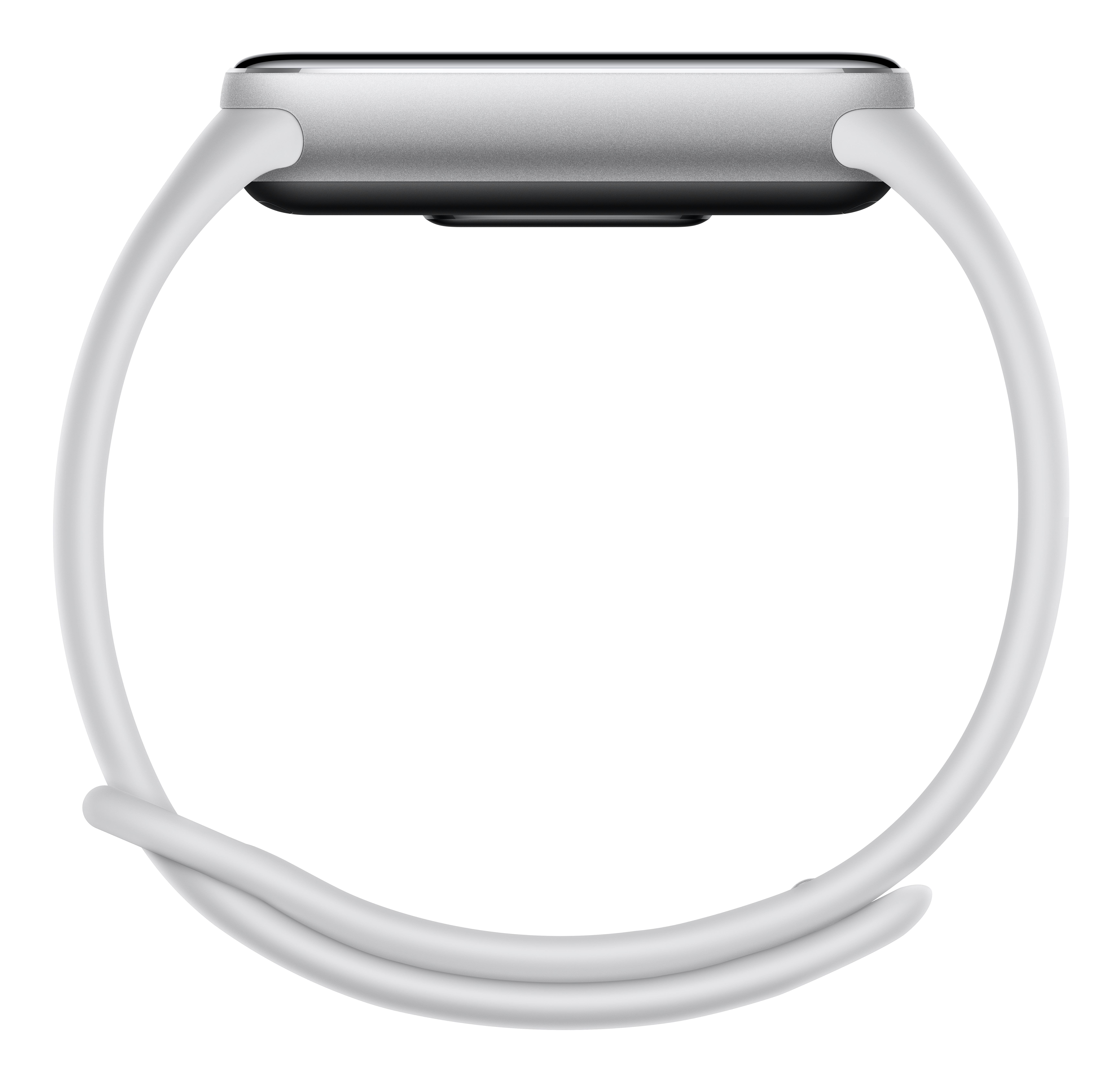 Biały smartwatch ze srebrną obudową i białym paskiem, na białym tle.