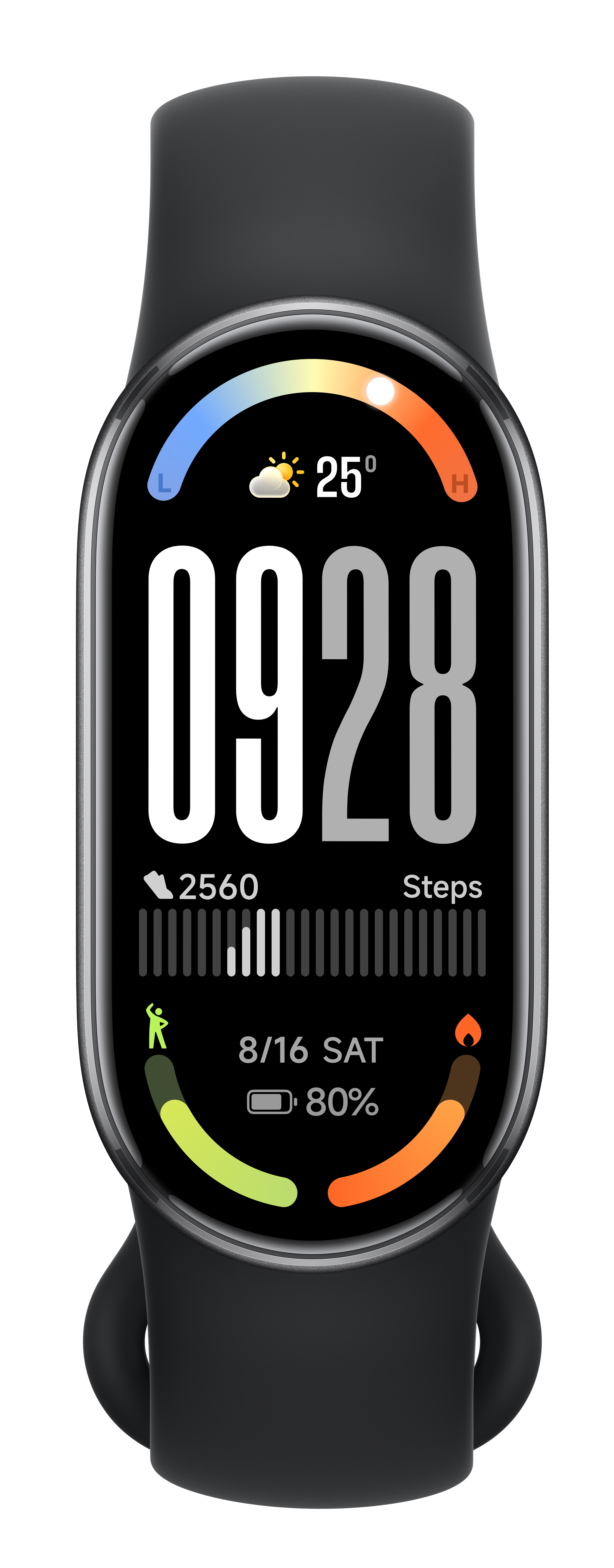 Czarny smartwatch wyświetla czas, kroki i procent baterii na czarnym tle. Ekran pokazuje 09:28, 25 stopni i 80% baterii.