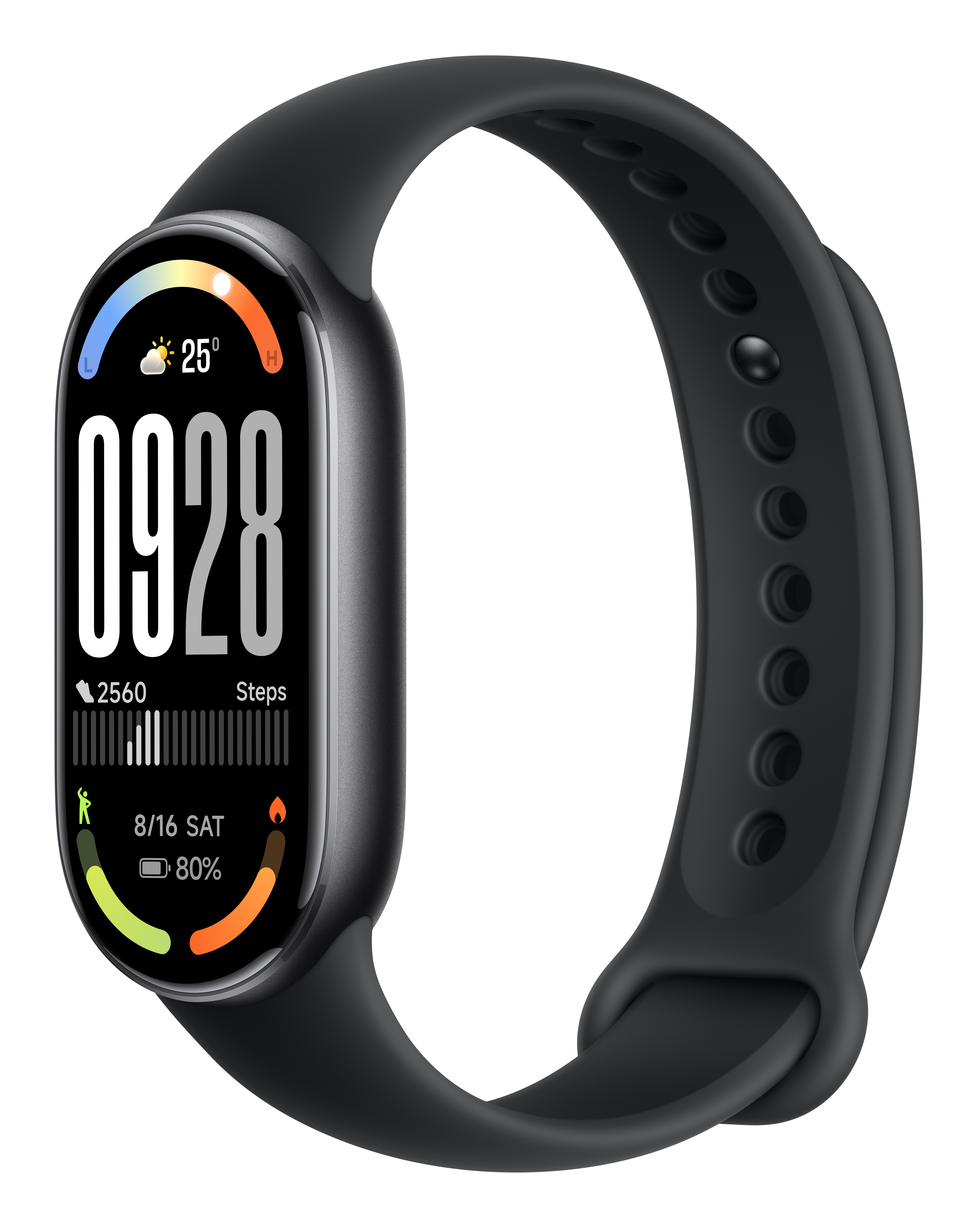 Czarny smartwatch wyświetla godzinę, pogodę, kroki i żywotność baterii. Pasek jest czarny.