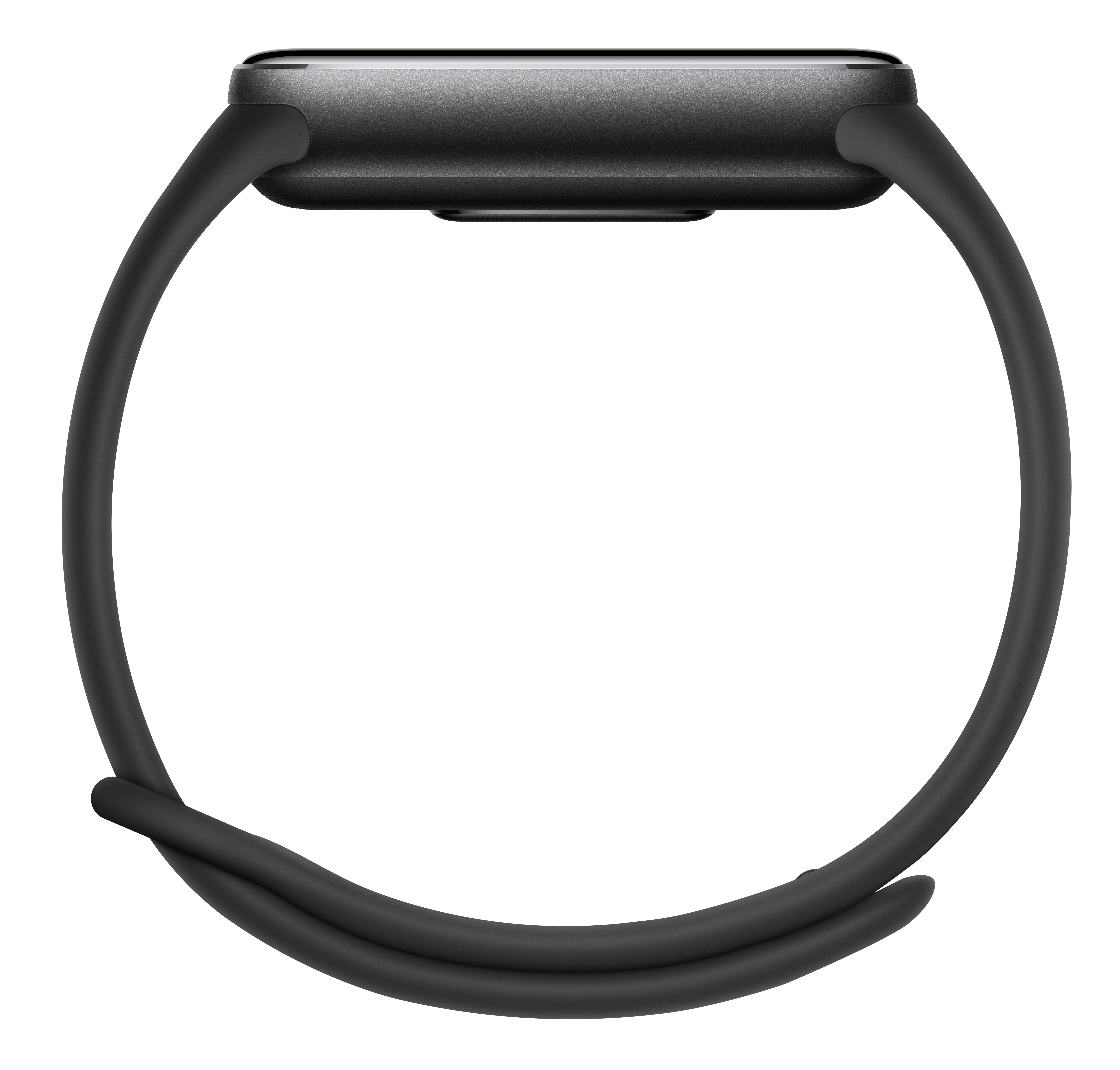 Czarny smartwatch z prostokątnym ekranem i czarnym paskiem na białym tle.