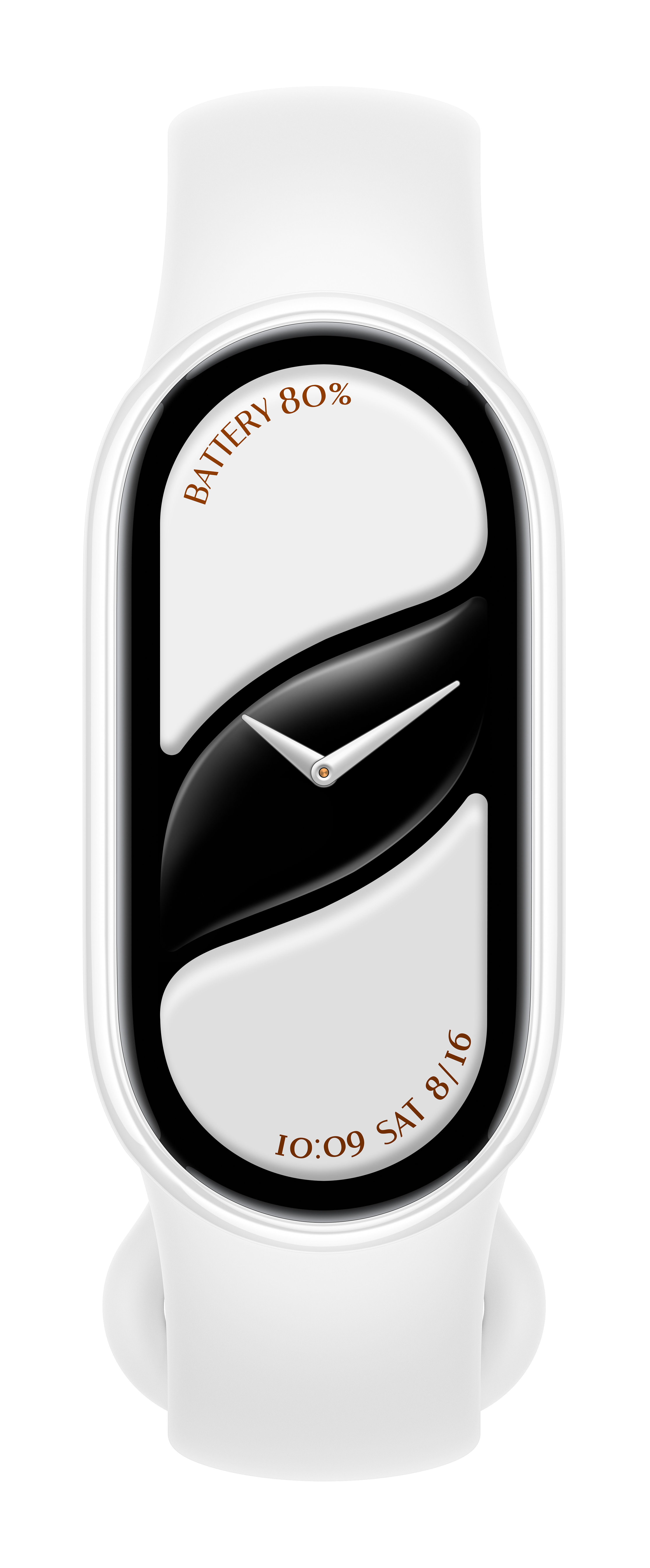 Biały smartwatch z czarno-białym wyświetlaczem. Pokazuje godzinę, datę i procent baterii. Wskazówki są białe.