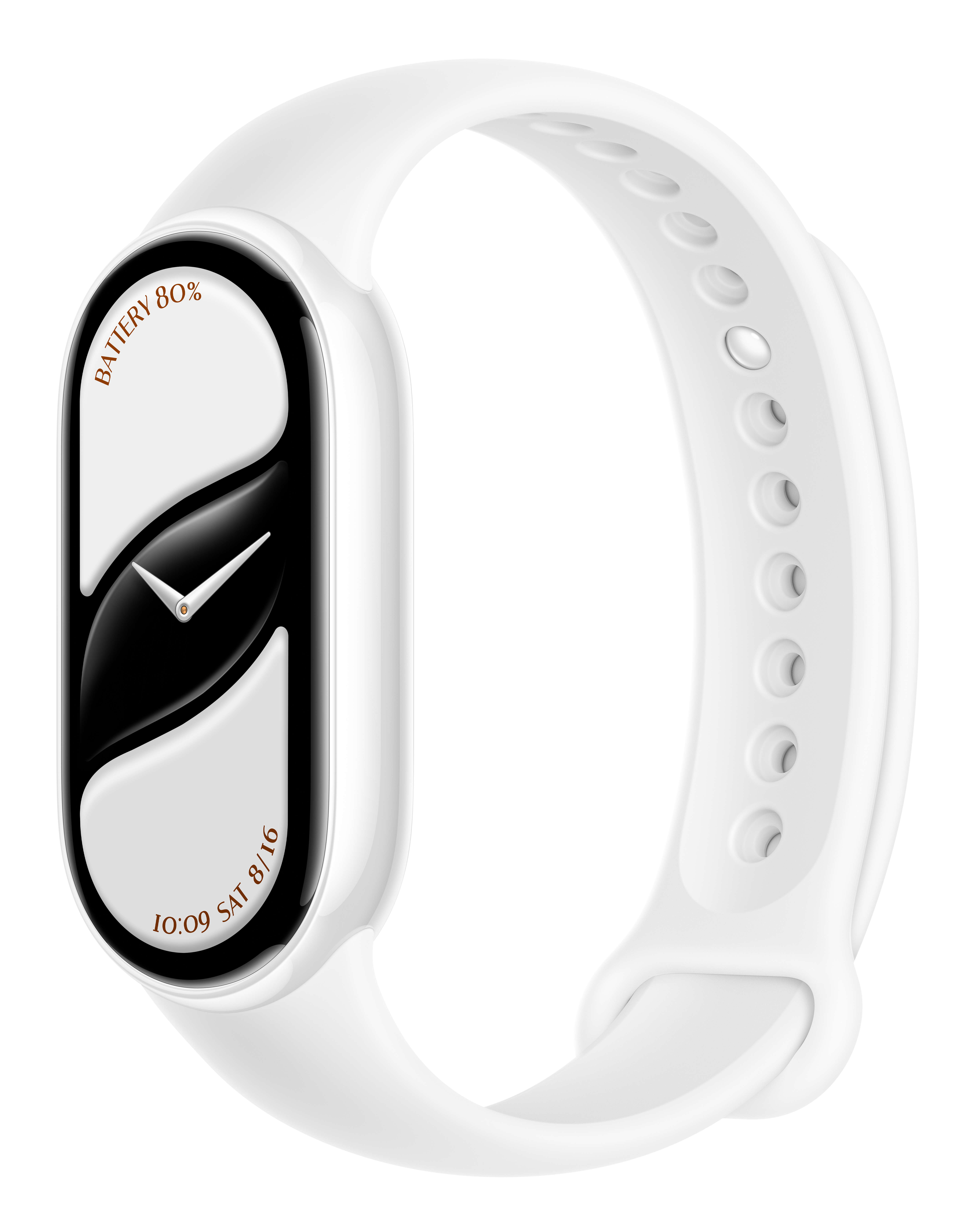 Biały smartwatch z czarnym ekranem pokazującym godzinę i poziom baterii. Biały pasek z otworami. Czarne tło.