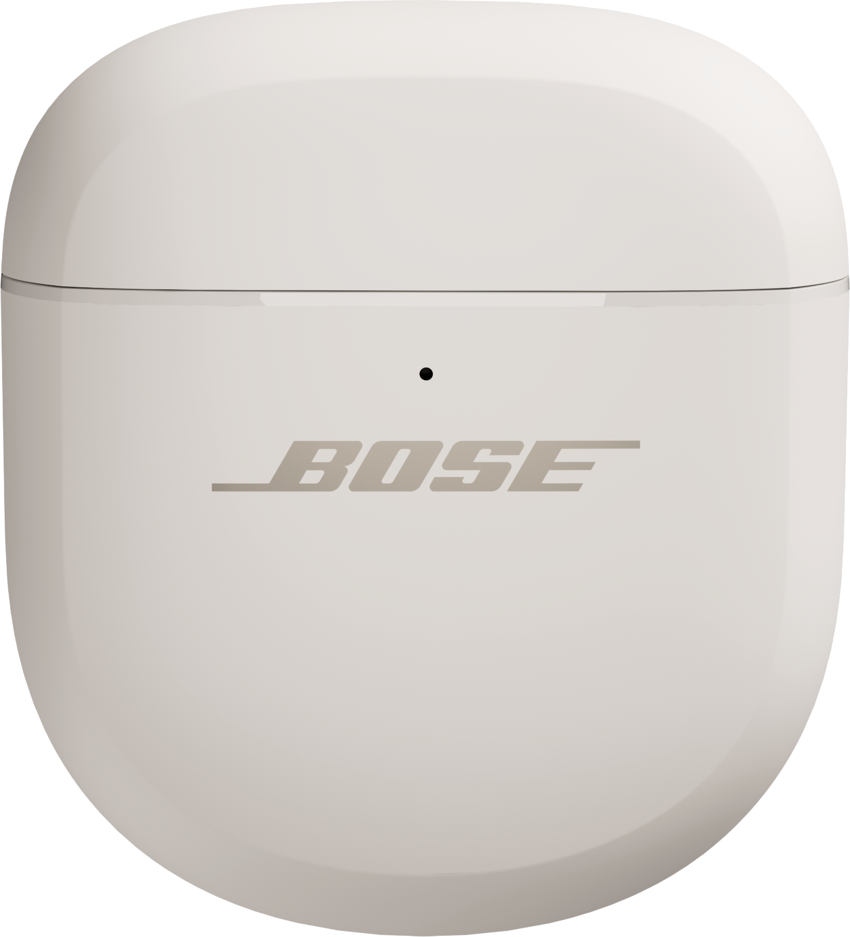 Un étui de chargement blanc pour écouteurs Bose est montré. Le logo Bose est visible sur le devant. Un point noir est au-dessus du logo.