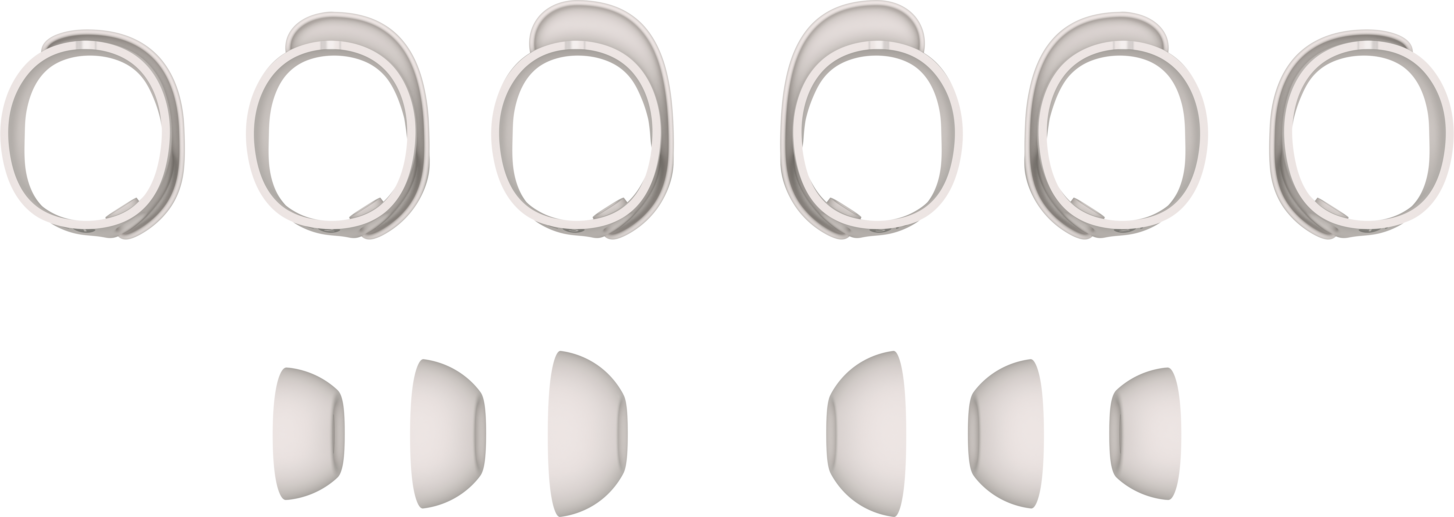 Plusieurs composants d'écouteurs blancs sont disposés. Six parties extérieures et trois pièces intérieures, le tout sur fond noir.