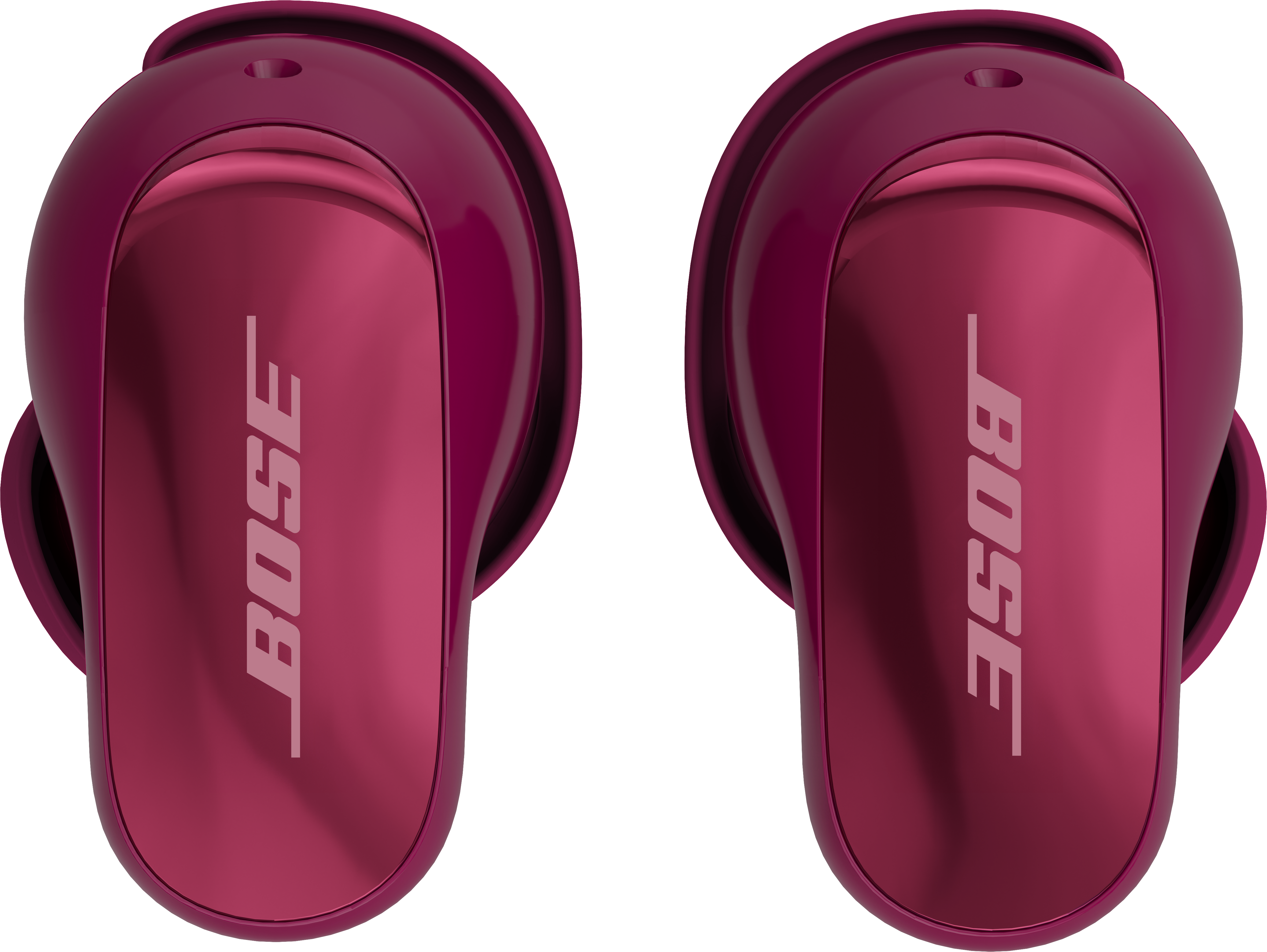 Deux écouteurs Bose rouges sur fond noir. Chacun porte le logo Bose. Ils sont en gros plan et inclinés.