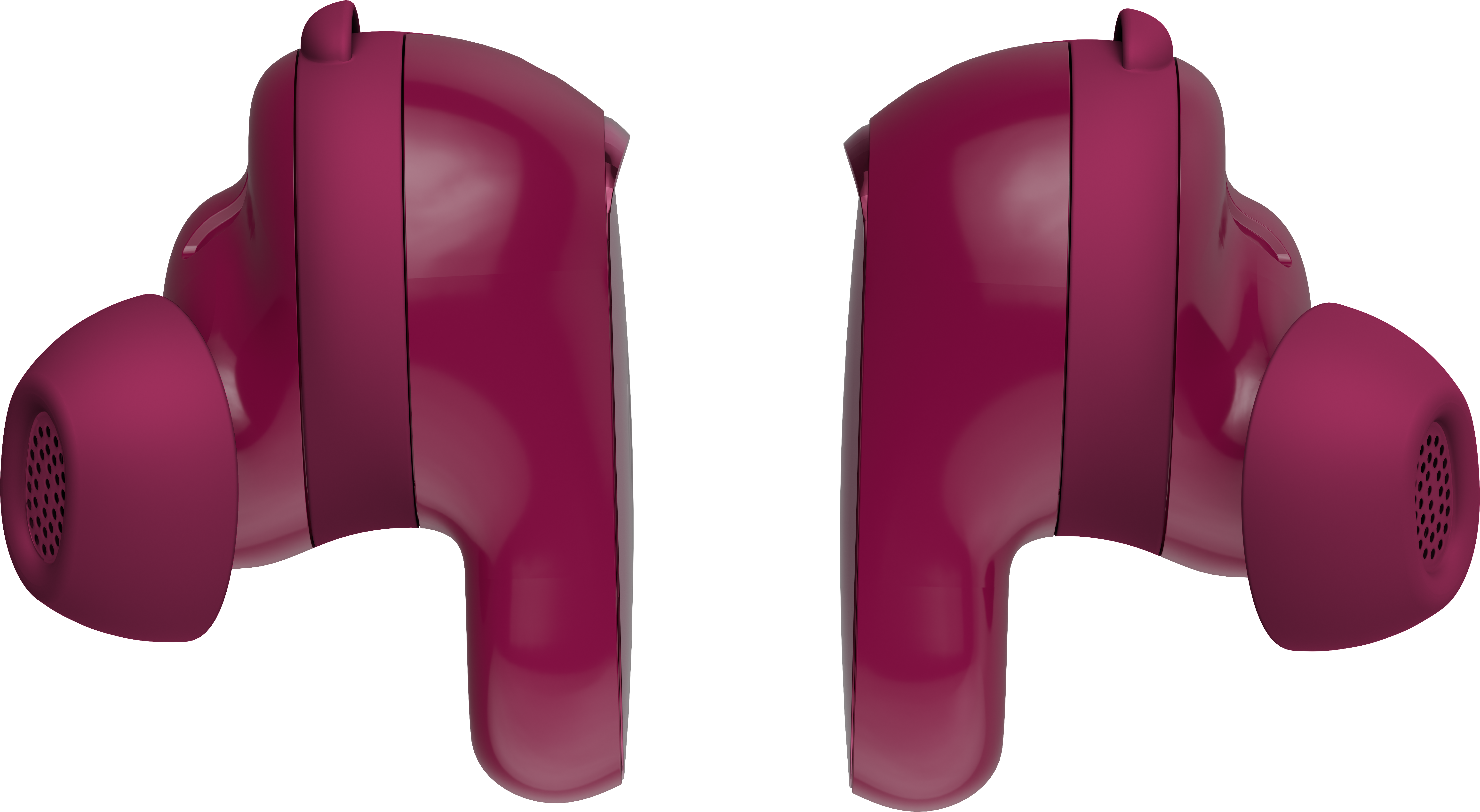 Deux écouteurs sans fil magenta sont présentés sur un fond noir. Chacun a un corps arrondi, un embout et une petite antenne.