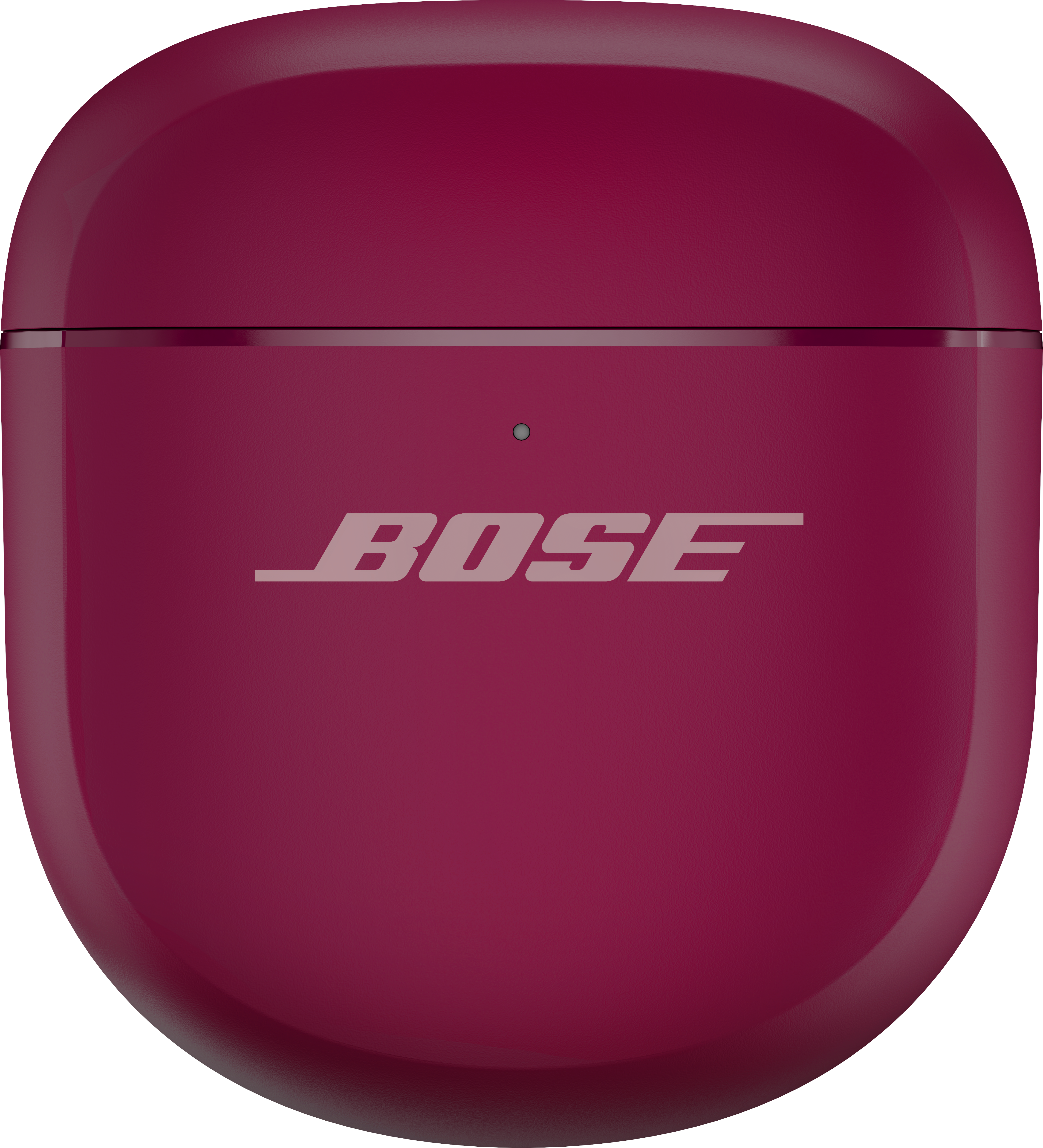 Un étui d'écouteurs Bose bordeaux. L'étui est ovale et comporte une ligne horizontale. Le logo Bose est au centre.