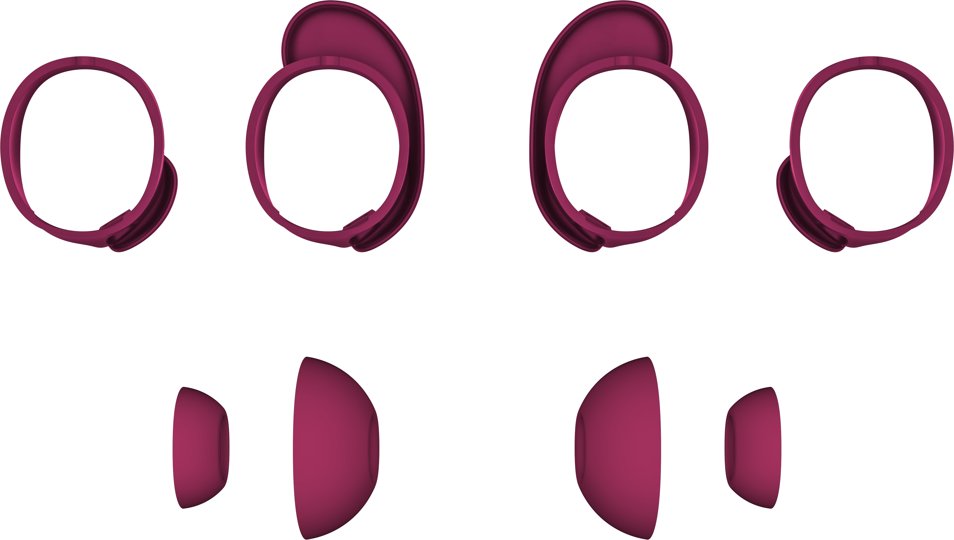 Une collection de modèles d'écouteurs et d'oreillettes magenta sur fond noir. Plusieurs ensembles sont présentés sous différents angles.