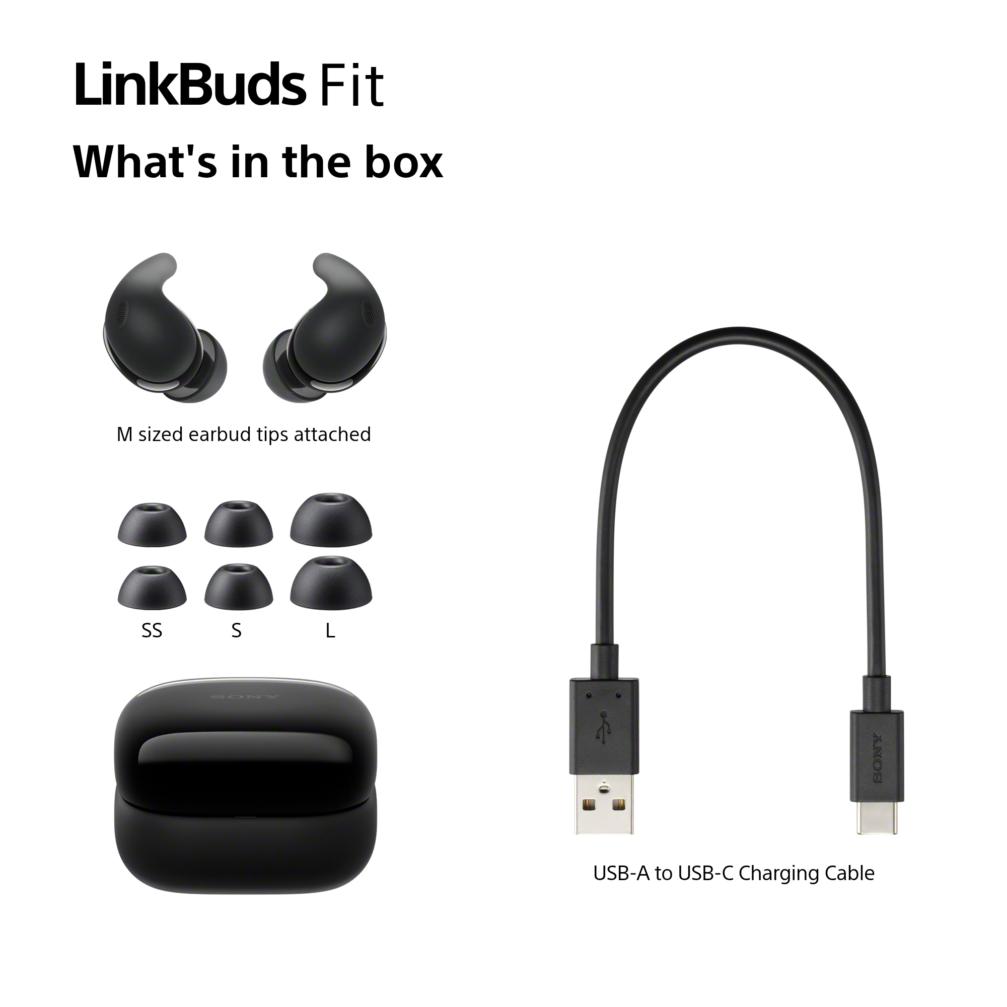 L'image montre LinkBuds Fit. Comprend des écouteurs, des embouts (SS, S, L), un étui de charge et un câble USB-A vers USB-C.