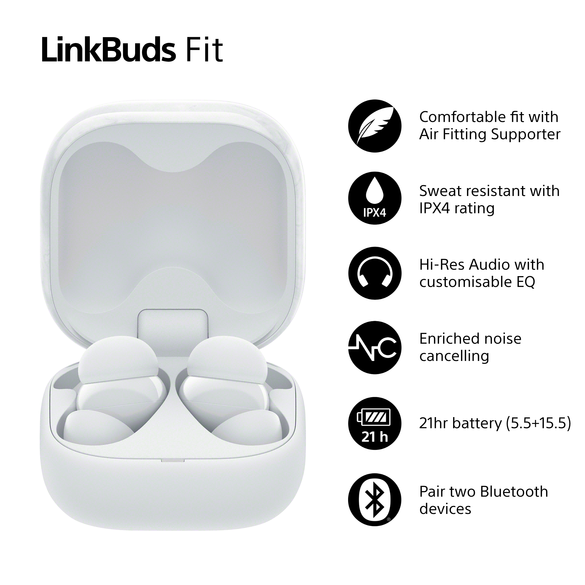Écouteurs LinkBuds Fit blancs dans un étui blanc. Caractéristiques : suppression du bruit, batterie de 21 h et couplage Bluetooth.