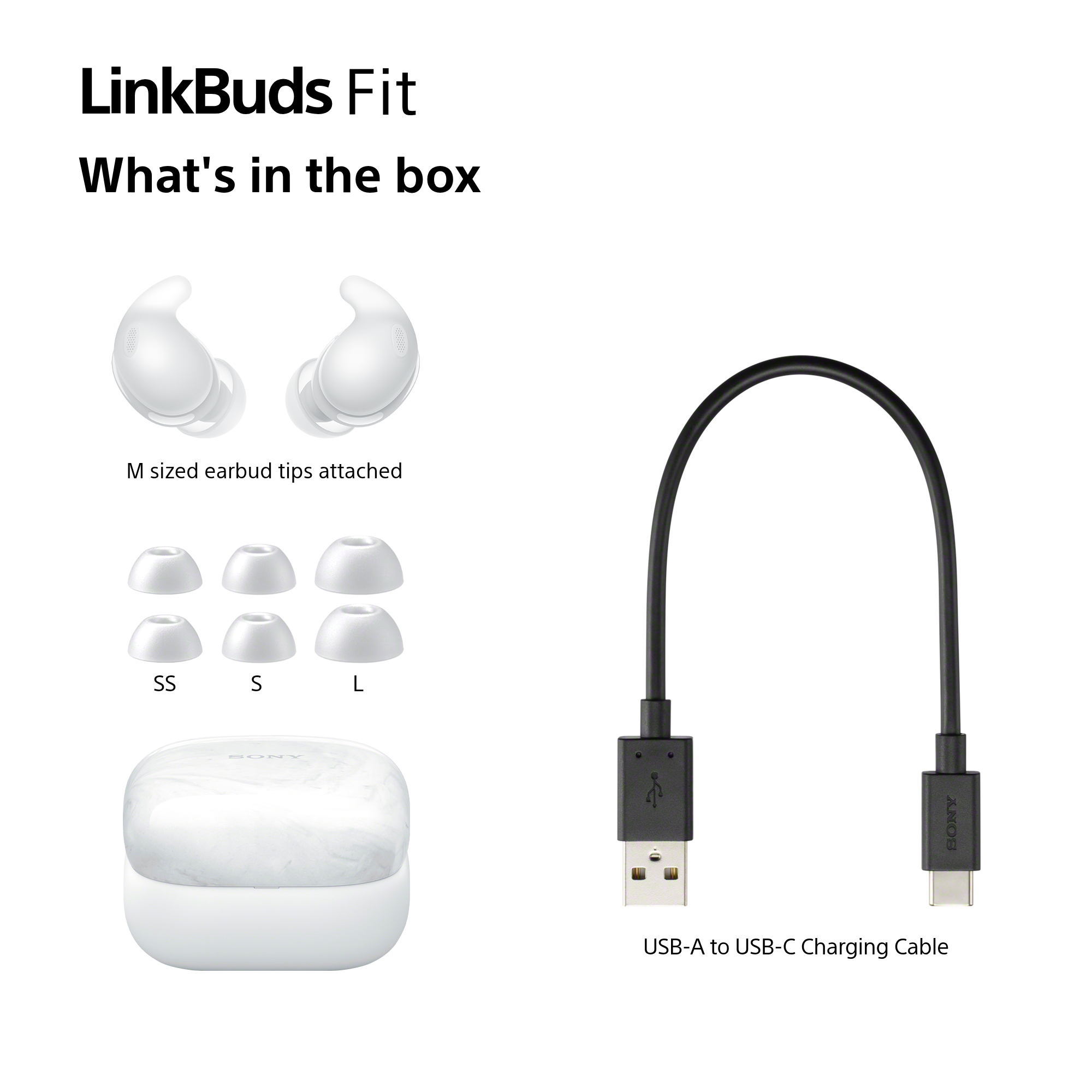 L'image montre des écouteurs blancs, des embouts (SS, S, L), un étui de chargement et un câble USB-A vers USB-C.