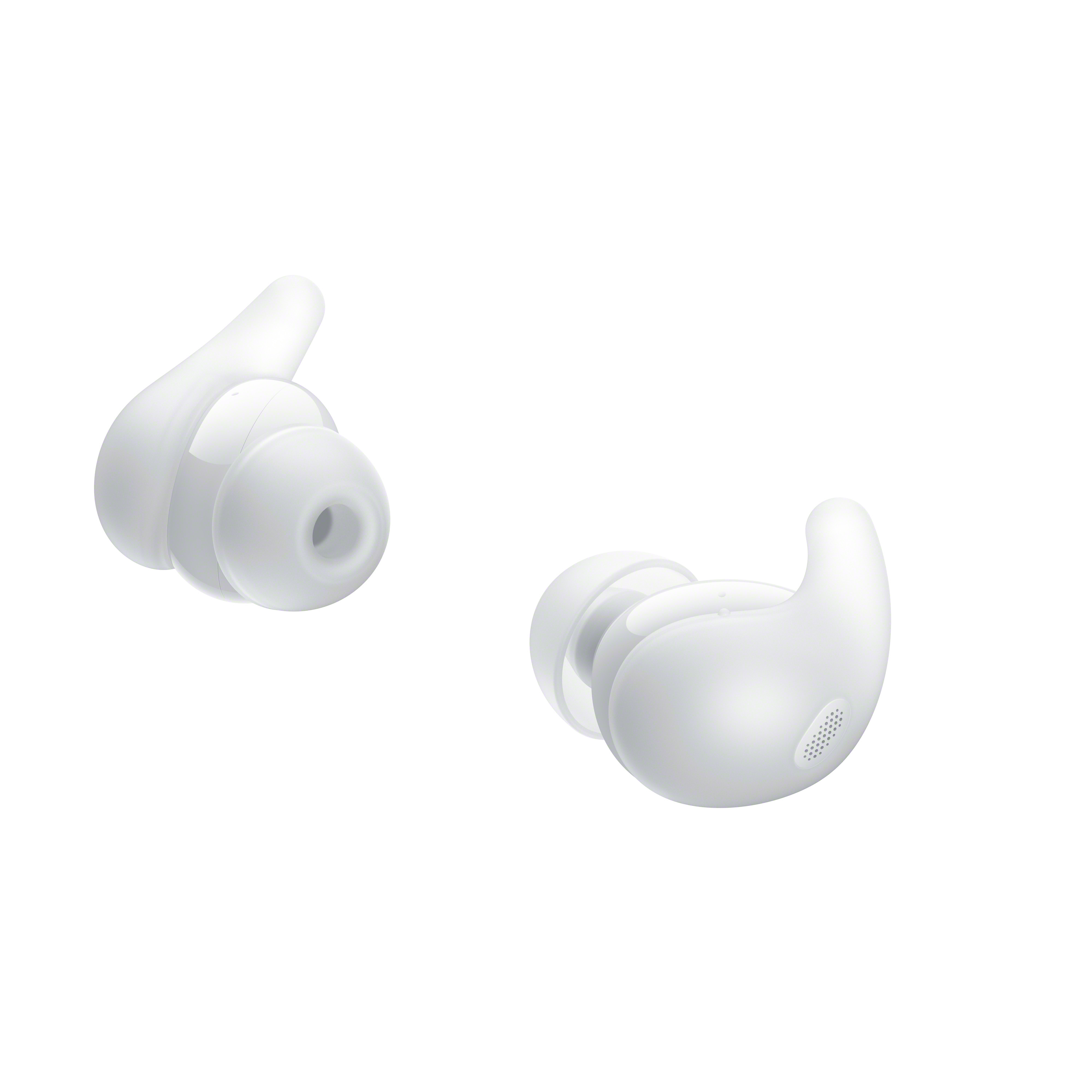 Deux écouteurs blancs sur fond blanc. Chacun a une conception incurvée pour l'oreille.
