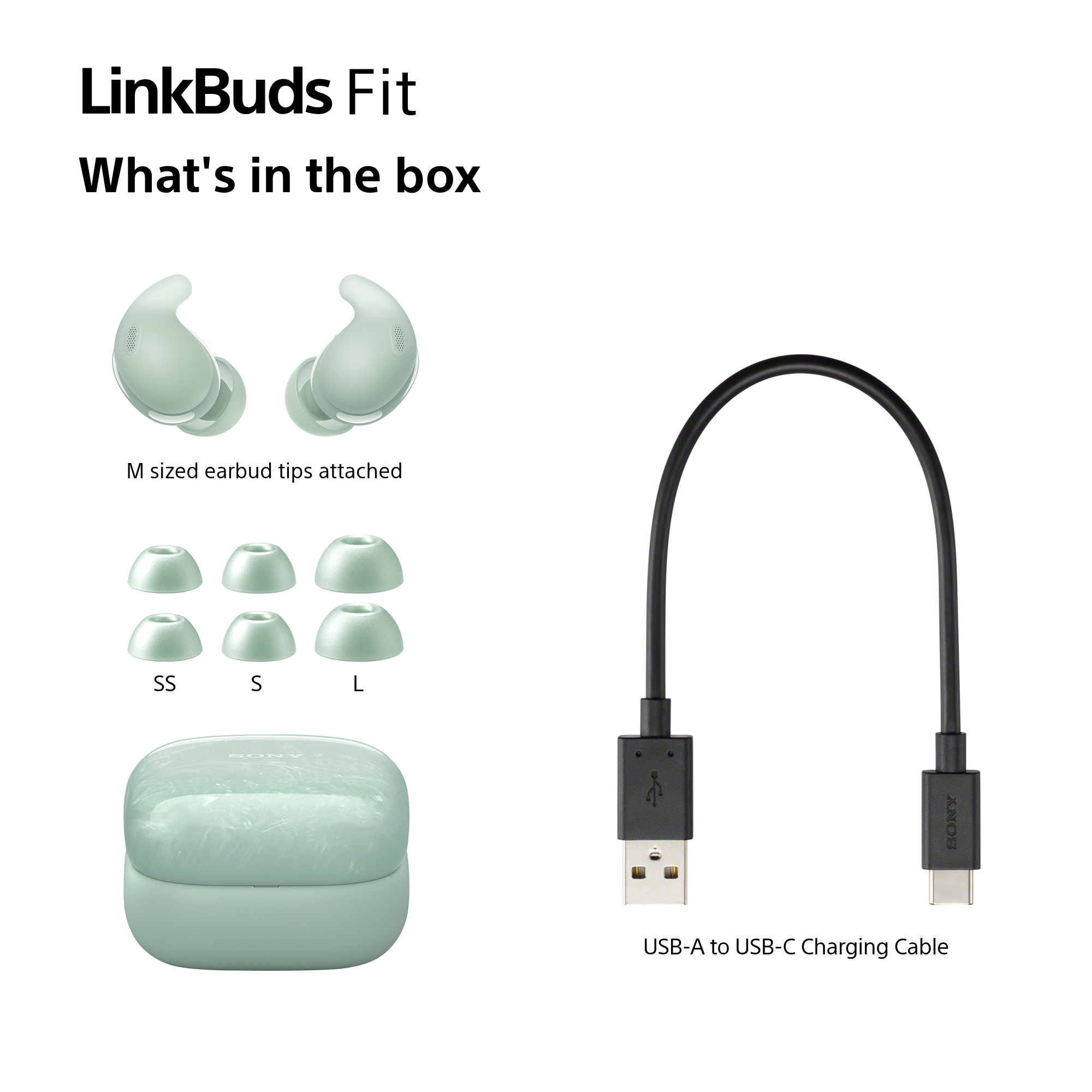L'image montre le contenu des LinkBuds Fit. Comprend des écouteurs, des embouts supplémentaires (SS, S, L), un étui de charge et un câble USB-A vers USB-C.