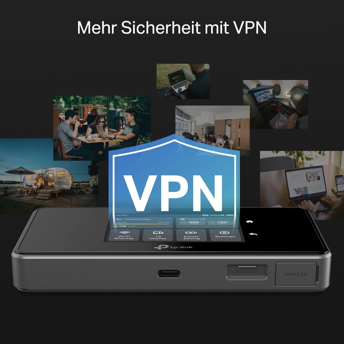 Ein VPN-Gerät mit Bildschirm, der Nutzungsstatistiken anzeigt. Mehrere Bilder zeigen Menschen, die Laptops benutzen und ein Wohnwagenhaus.