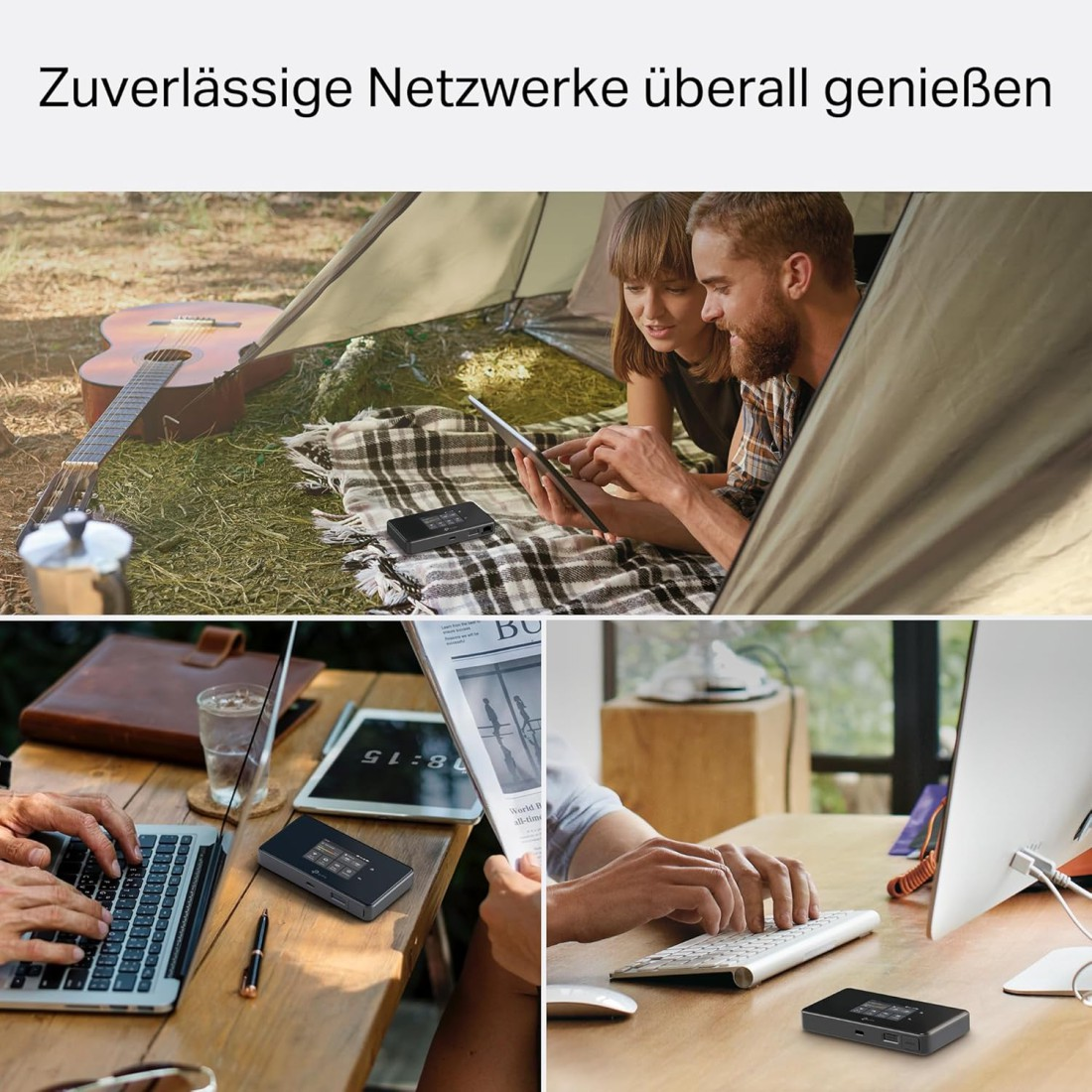Menschen benutzen Tablets und Laptops in verschiedenen Umgebungen: Camping, Café und Zuhause. Ein tragbares Gerät ist in jeder Szene platziert.