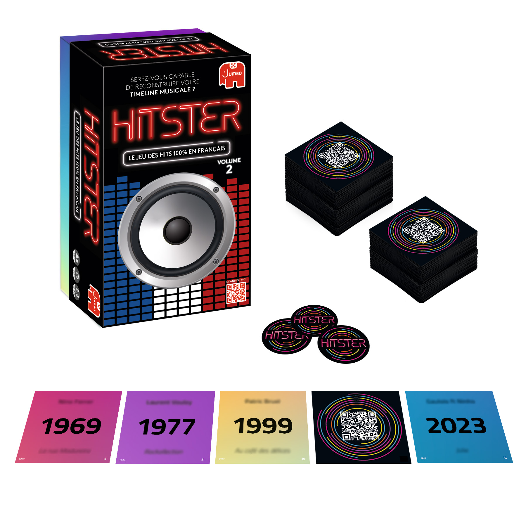 Hitster board game box with music-themed elements, cards, and colorful timelines. Various QR codes and game components are visible.
