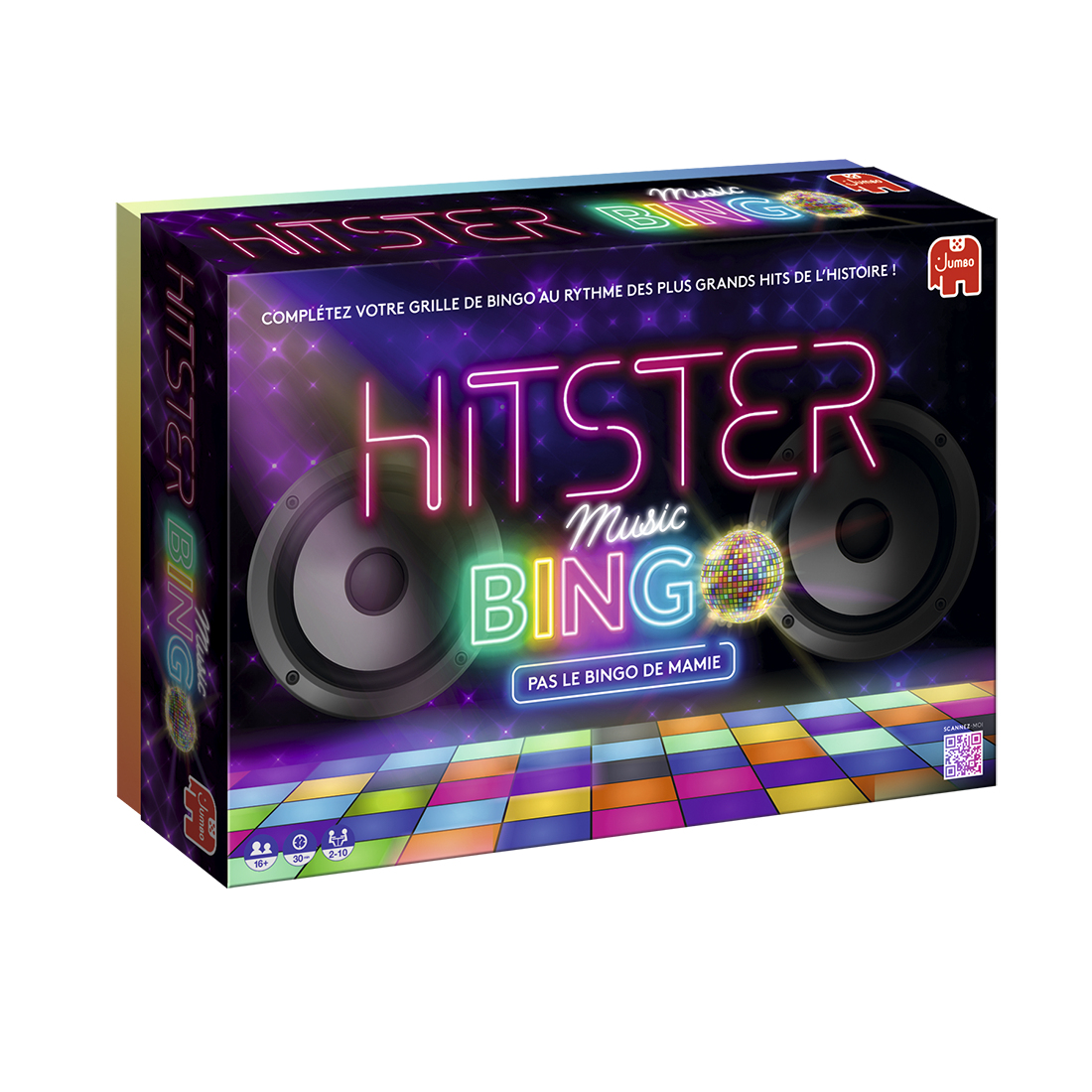 Une boîte pour le jeu Hitster Music Bingo. Elle présente des haut-parleurs, une boule disco et des lumières colorées. Le logo Jumbo est en haut à droite.