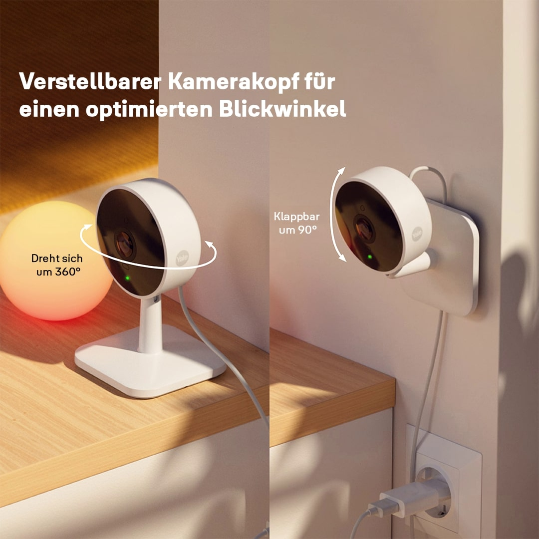 Zwei weiße Überwachungskameras. Eine auf einem Ständer, die andere an der Wand. Text zeigt 360 und 90 Grad Anpassung.