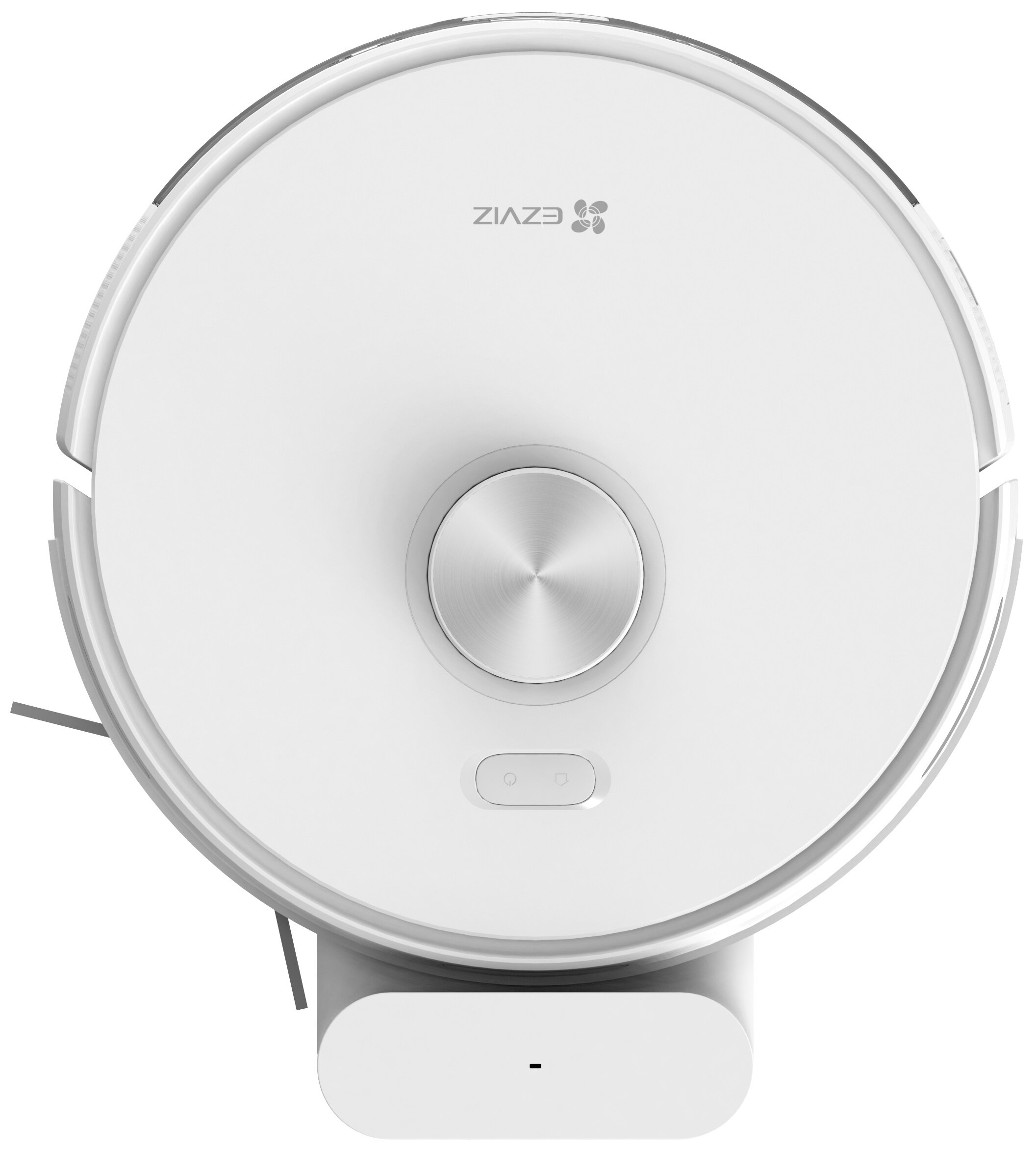 Biały robot sprzątający ze srebrnym centralnym przyciskiem i stacją ładującą.