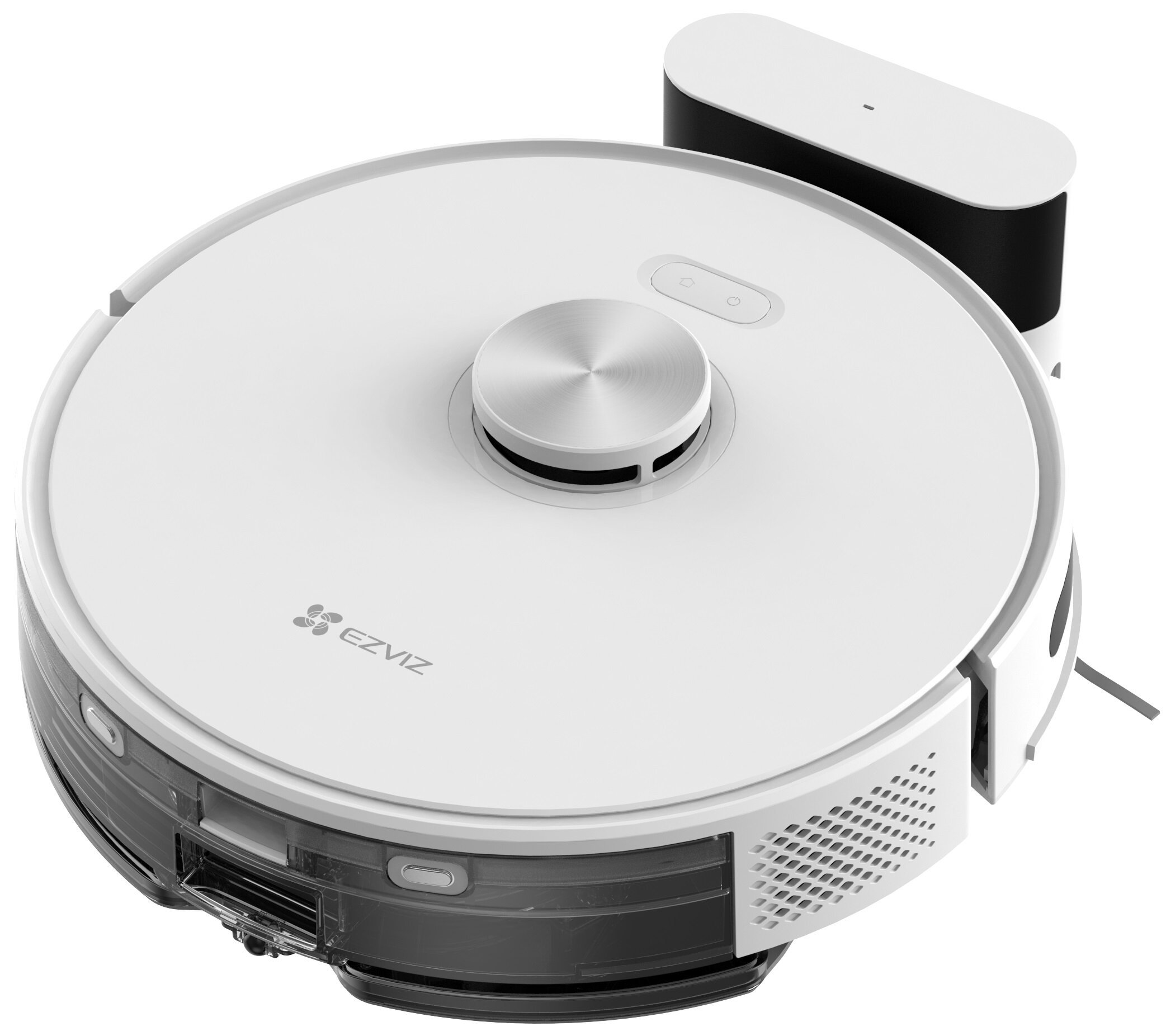 Biało-czarny robot odkurzający ze stacją ładującą. Odkurzacz ma okrągły kształt z centralnym srebrnym przyciskiem.