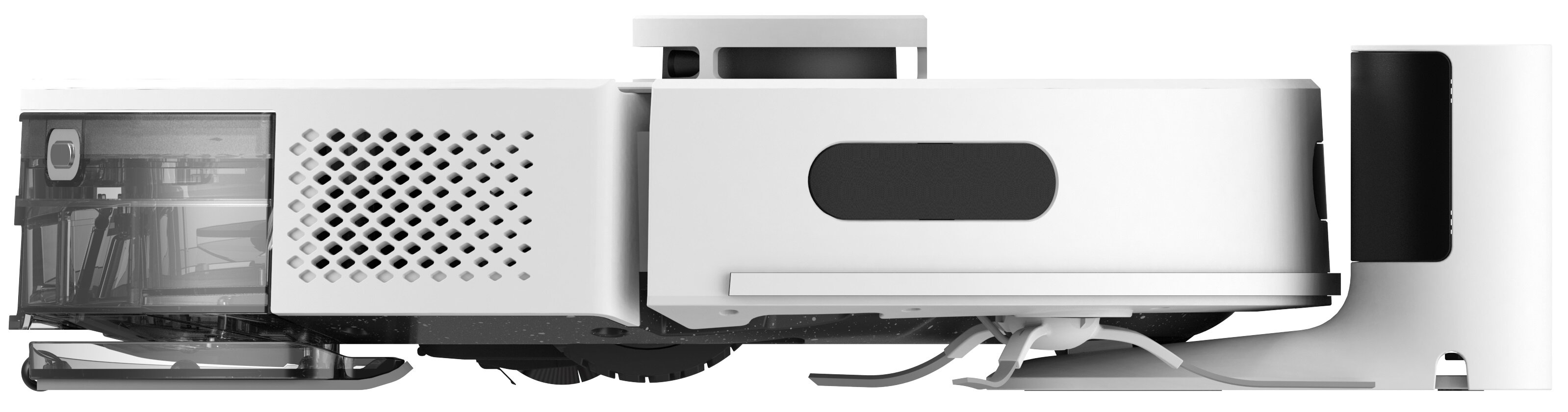 Widok z boku białego robota odkurzającego. Posiada czarną kratkę wentylacyjną, ciemny obszar czujnika i szczotkę czyszczącą.