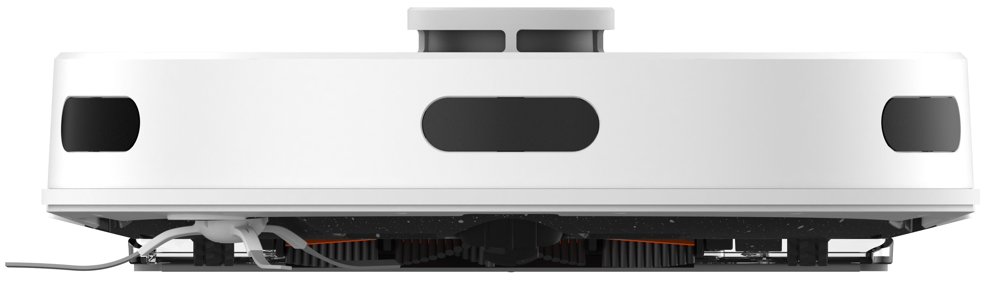 Biały robot odkurzający z czarnymi i pomarańczowymi detalami. Ma górną strukturę i narzędzia czyszczące na dole.