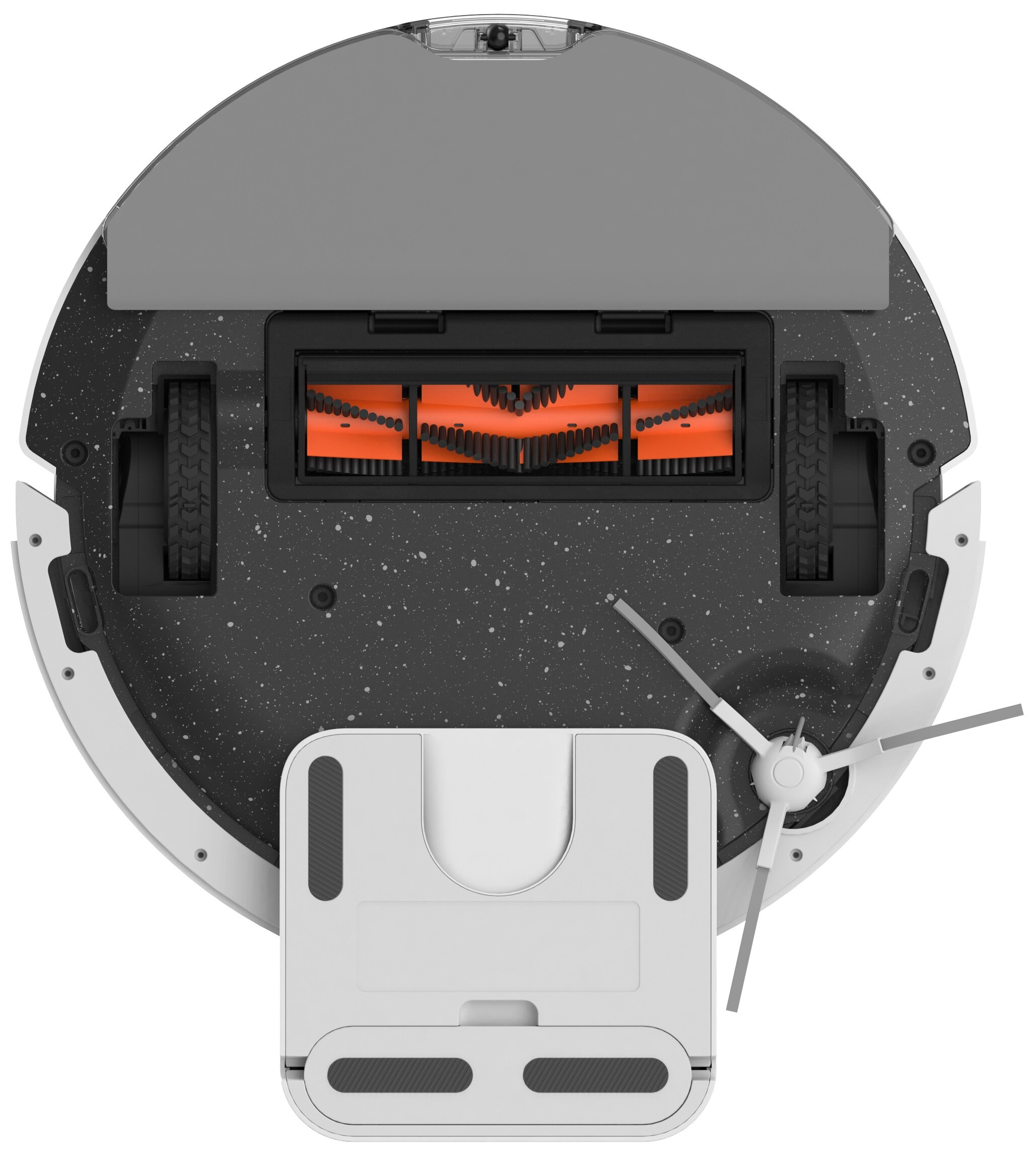 Robot odkurzający, widok z góry. Szaro-biała obudowa, czarno-pomarańczowe szczotki, dwa koła i białe mocowanie mopa.
