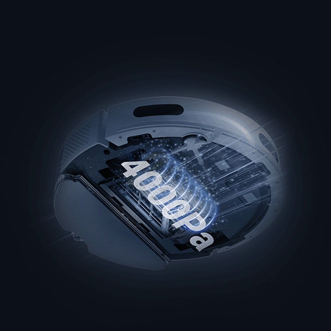 Robot odkurzający z tekstem "4000Pa" w tle. Tło jest ciemnoniebieskie, z efektem świecenia na odkurzaczu.