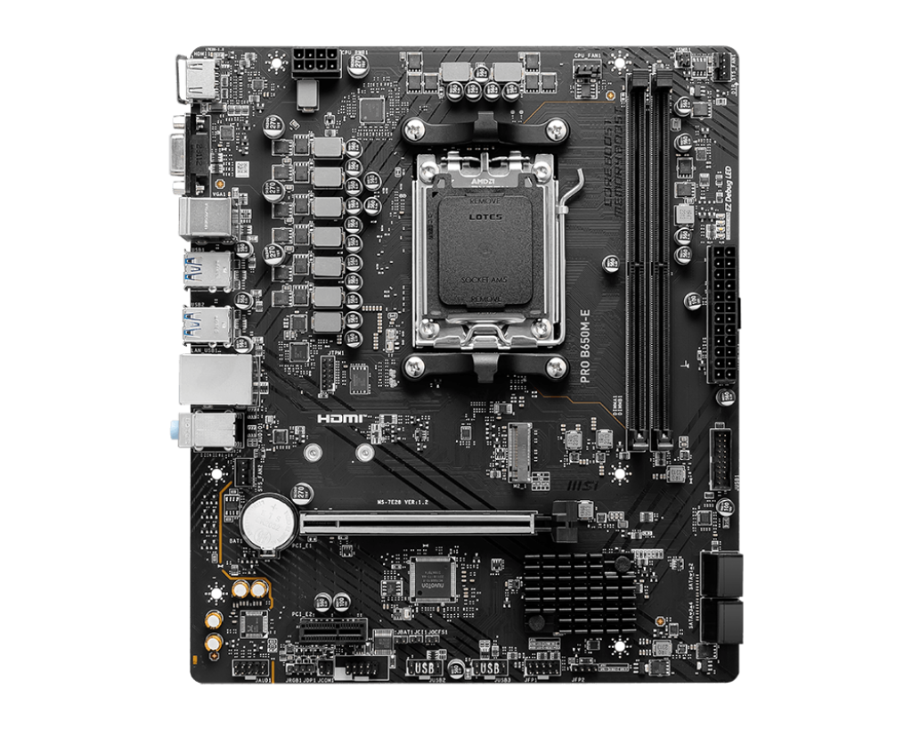 Siyah MSI PRO B650M-E anakart, CPU soketi, RAM yuvaları ve konektörler gibi çeşitli bileşenlerle. Siyah zemin.
