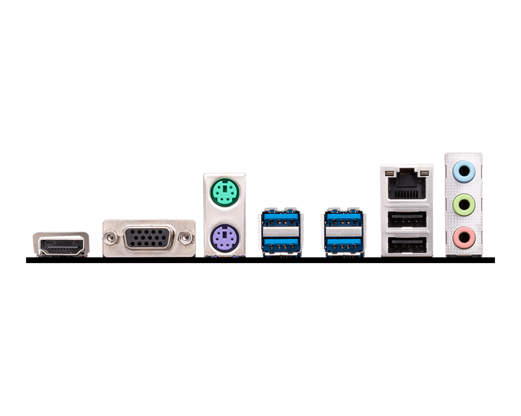 Bir bilgisayar anakartının yakın çekimi. Çeşitli portları gösterir: HDMI, VGA, PS/2, USB, Ethernet ve ses jakları. Siyah arka plan.