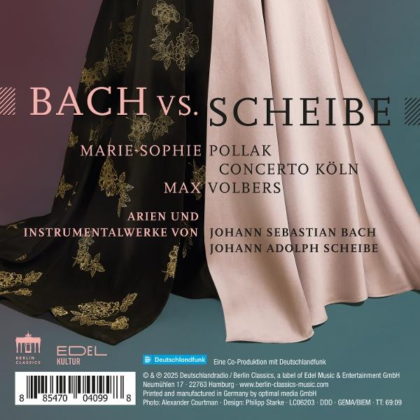 CD-Cover: 'BACH vs. SCHEIBE' mit Künstlern, Namen und Logos. Hintergrund kombiniert schwarzen Stoff mit Blumen und beigem Stoff.